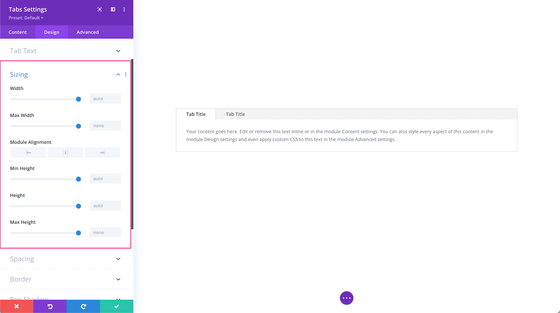 Divi Tabs Module sizing