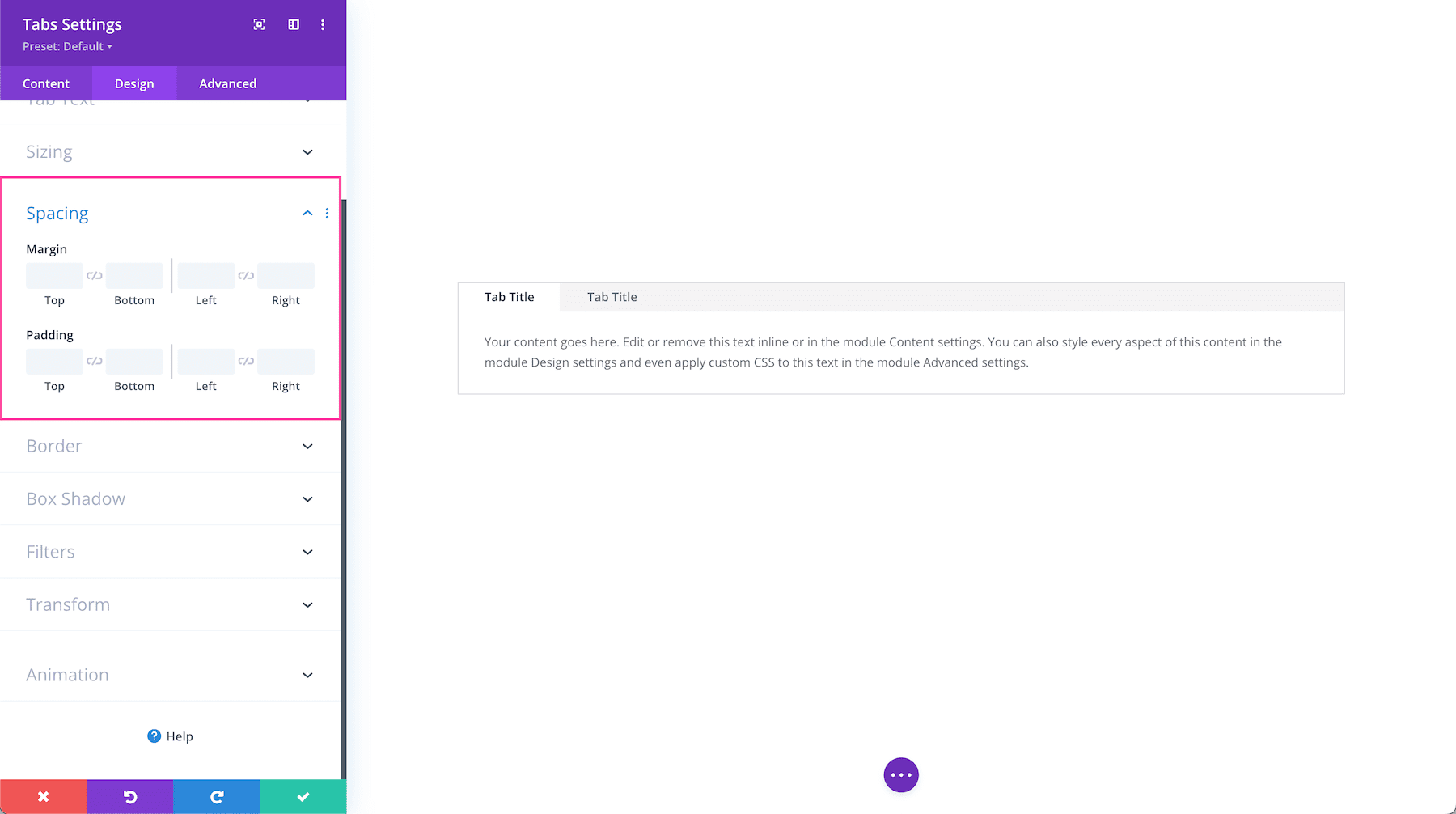 Divi Tabs Module spacing