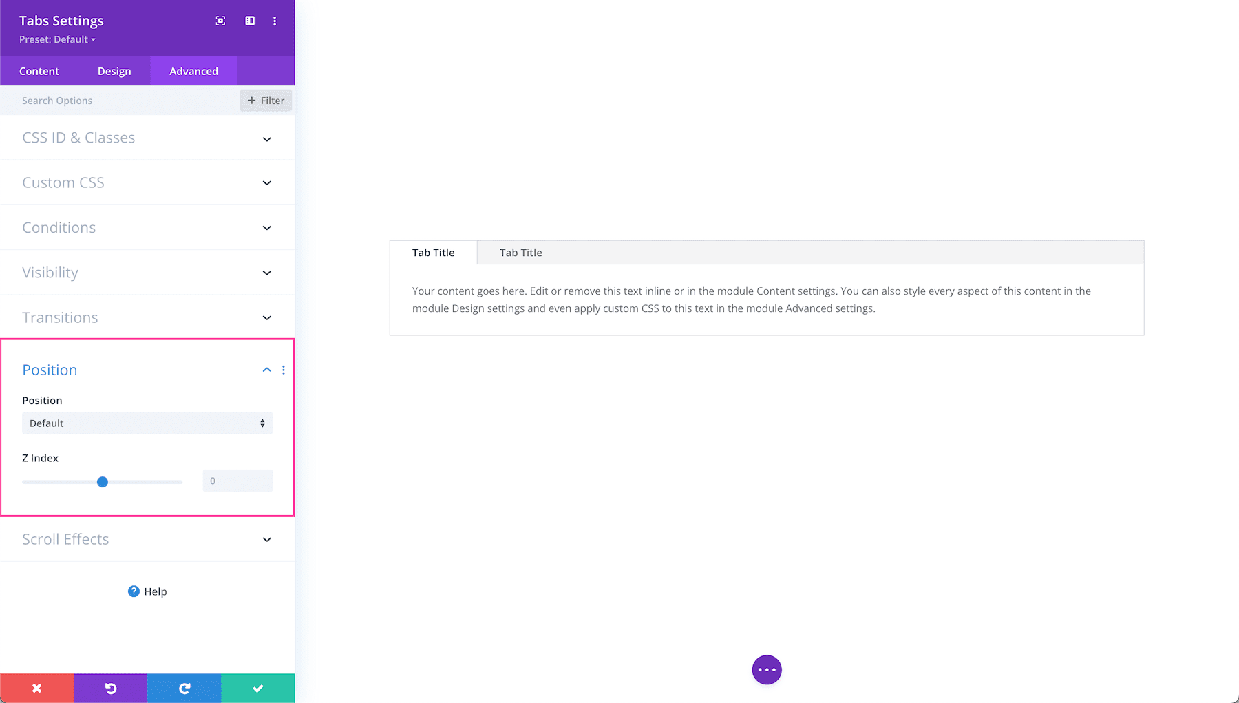 Divi Tabs Module position