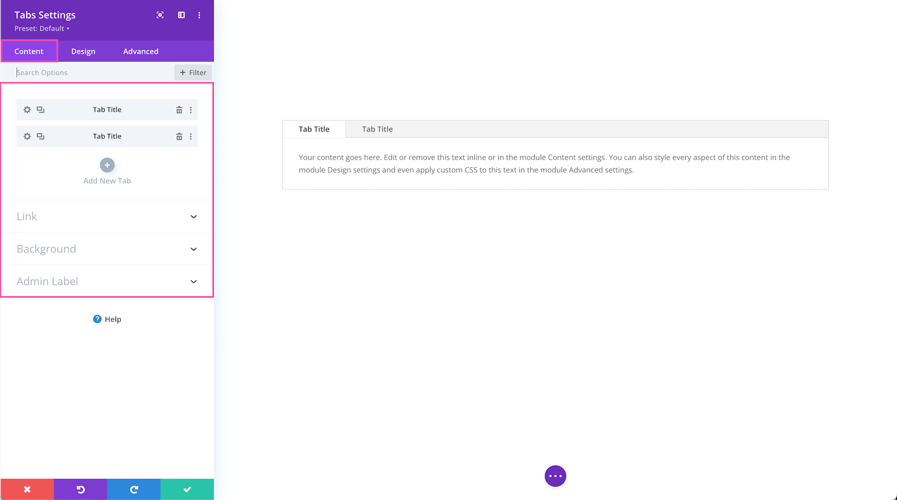 Divi Tabs Module content settings