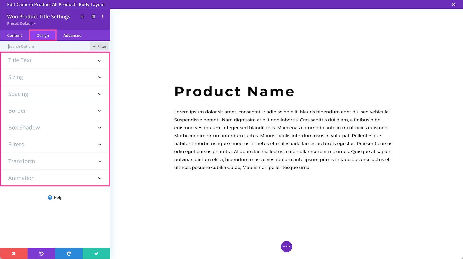 Divi Woo Product Title Module Design Settings