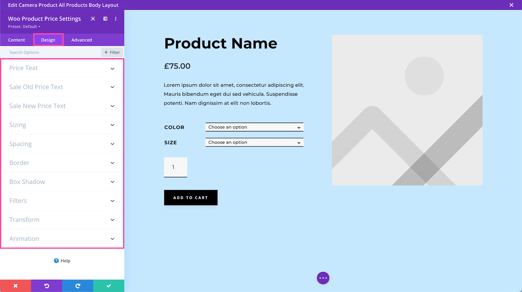 Divi Woo Product Price Module Design Settings