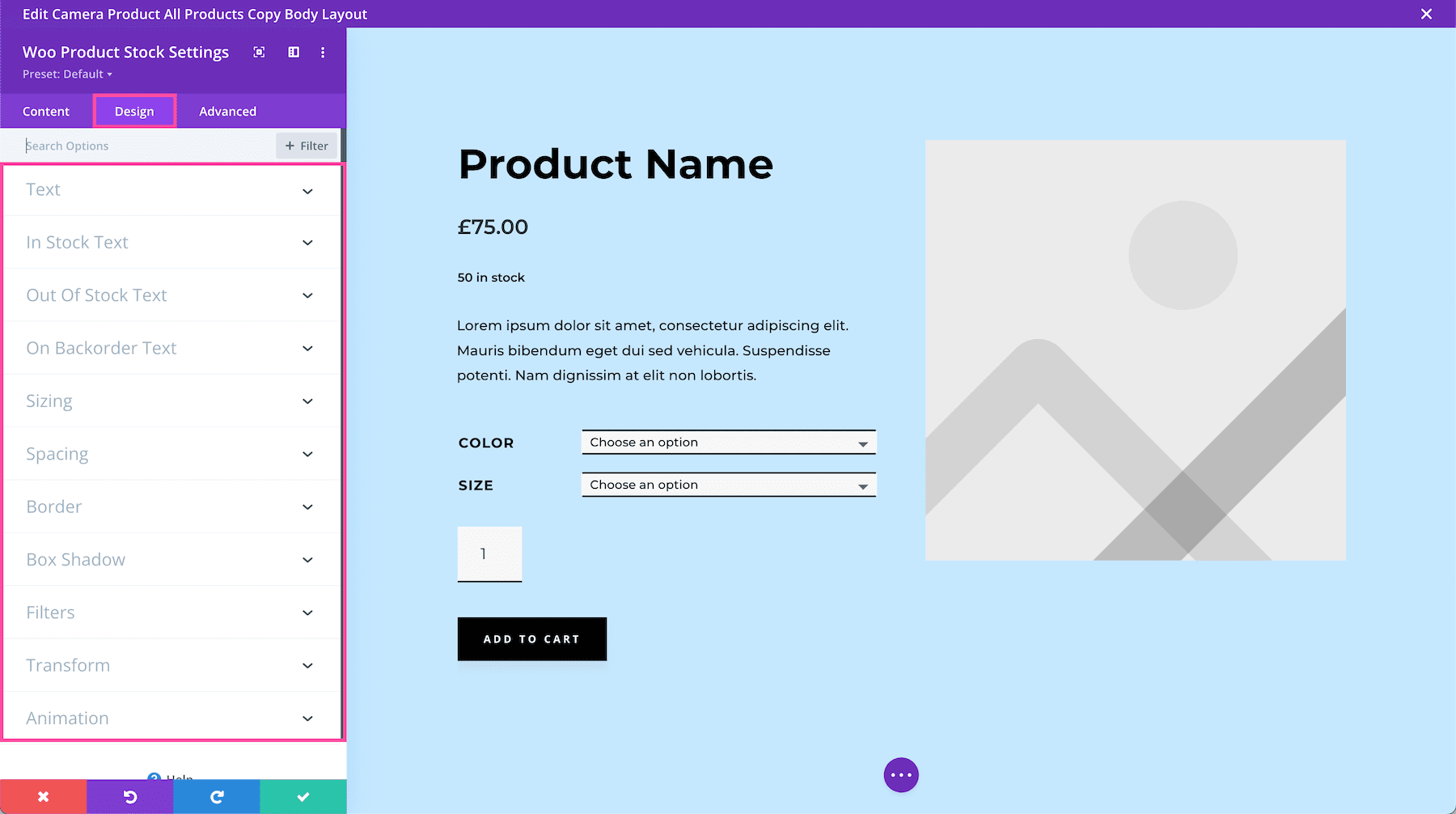 Divi Woo Product Stock Module Design Settings