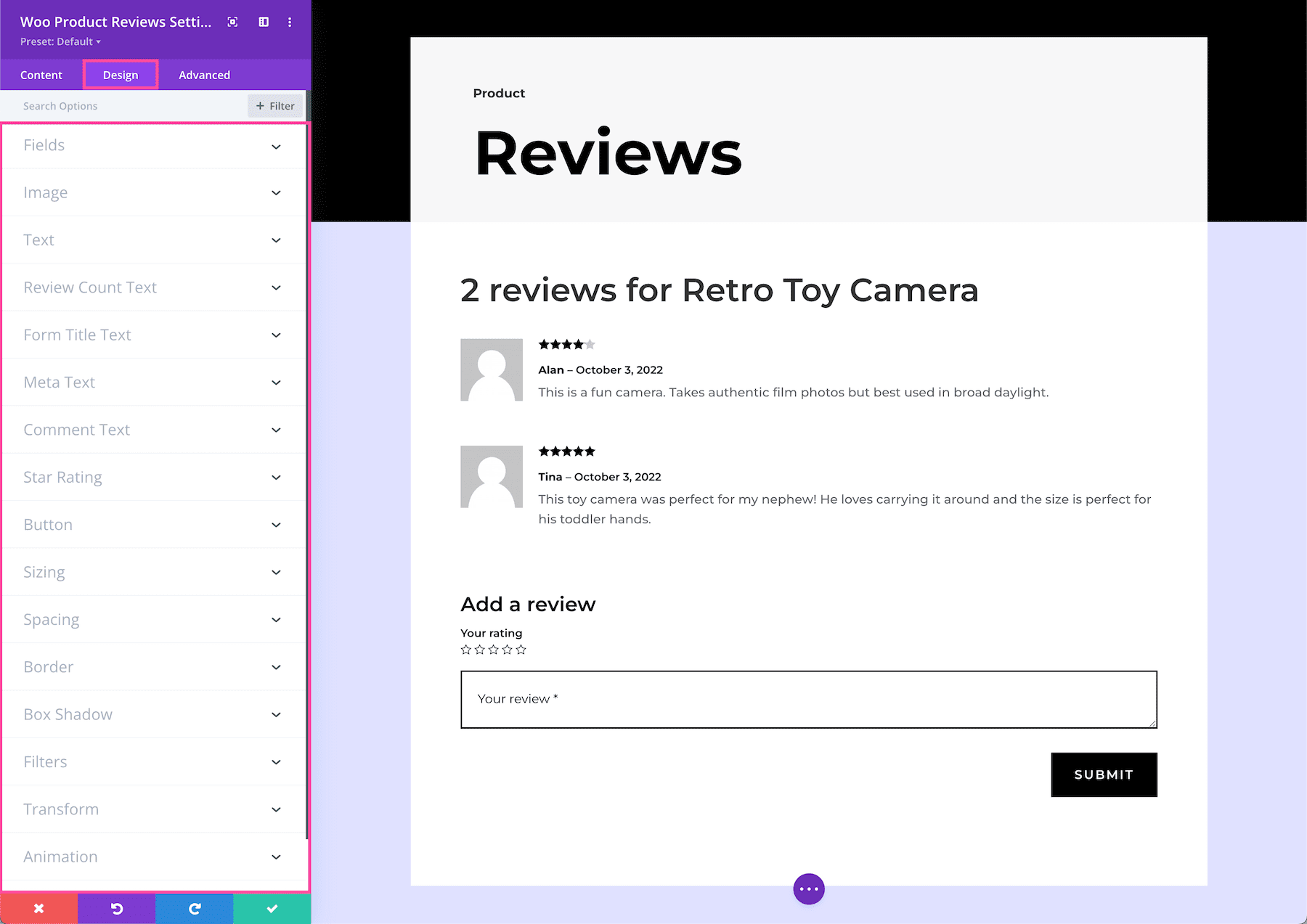 Divi Woo Product Reviews Module Design Settings