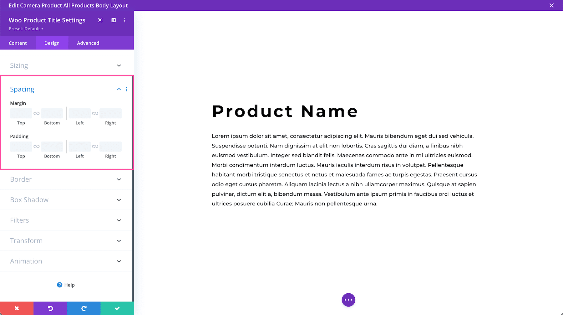 Spacing options for the Divi Woo Product Title Module