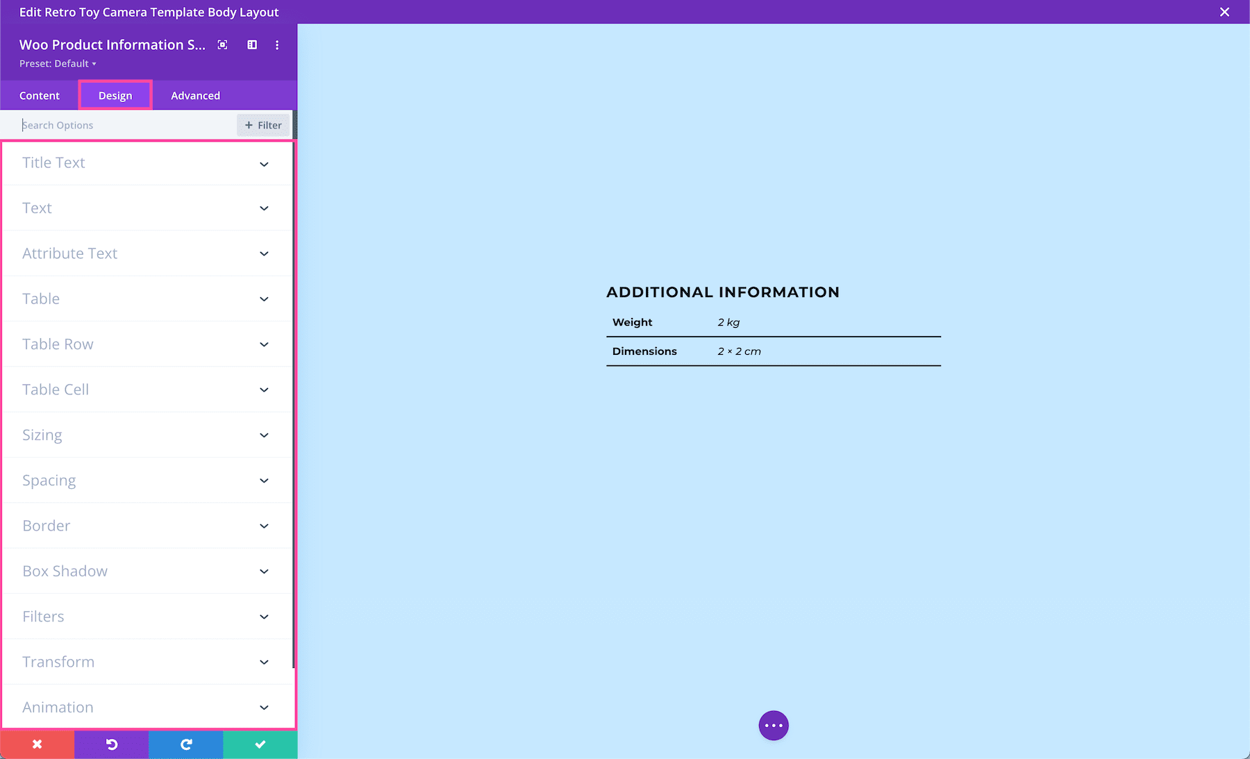 Divi Woo Product Information Module Design Settings