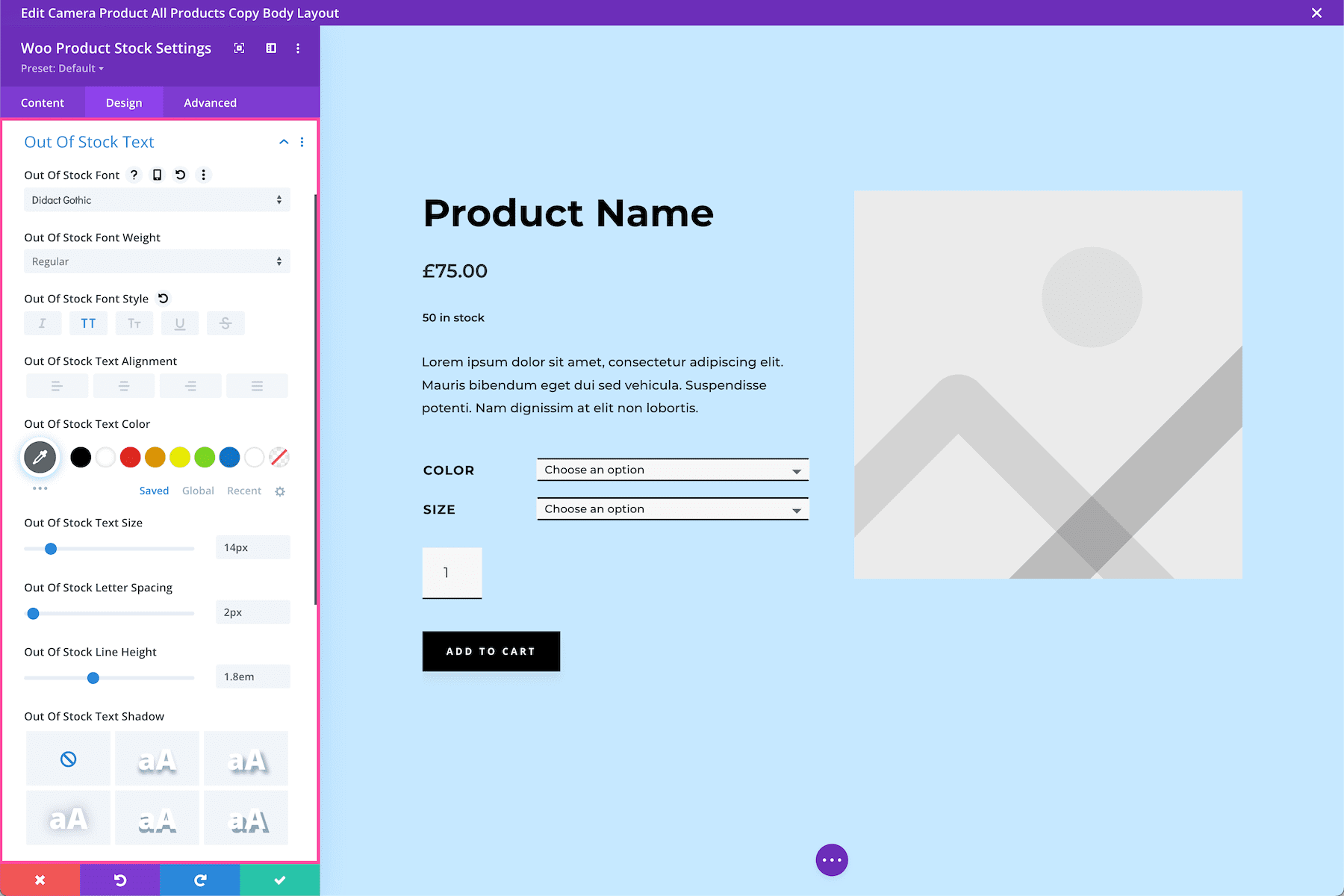 Divi Woo Product Stock Module out of stock text