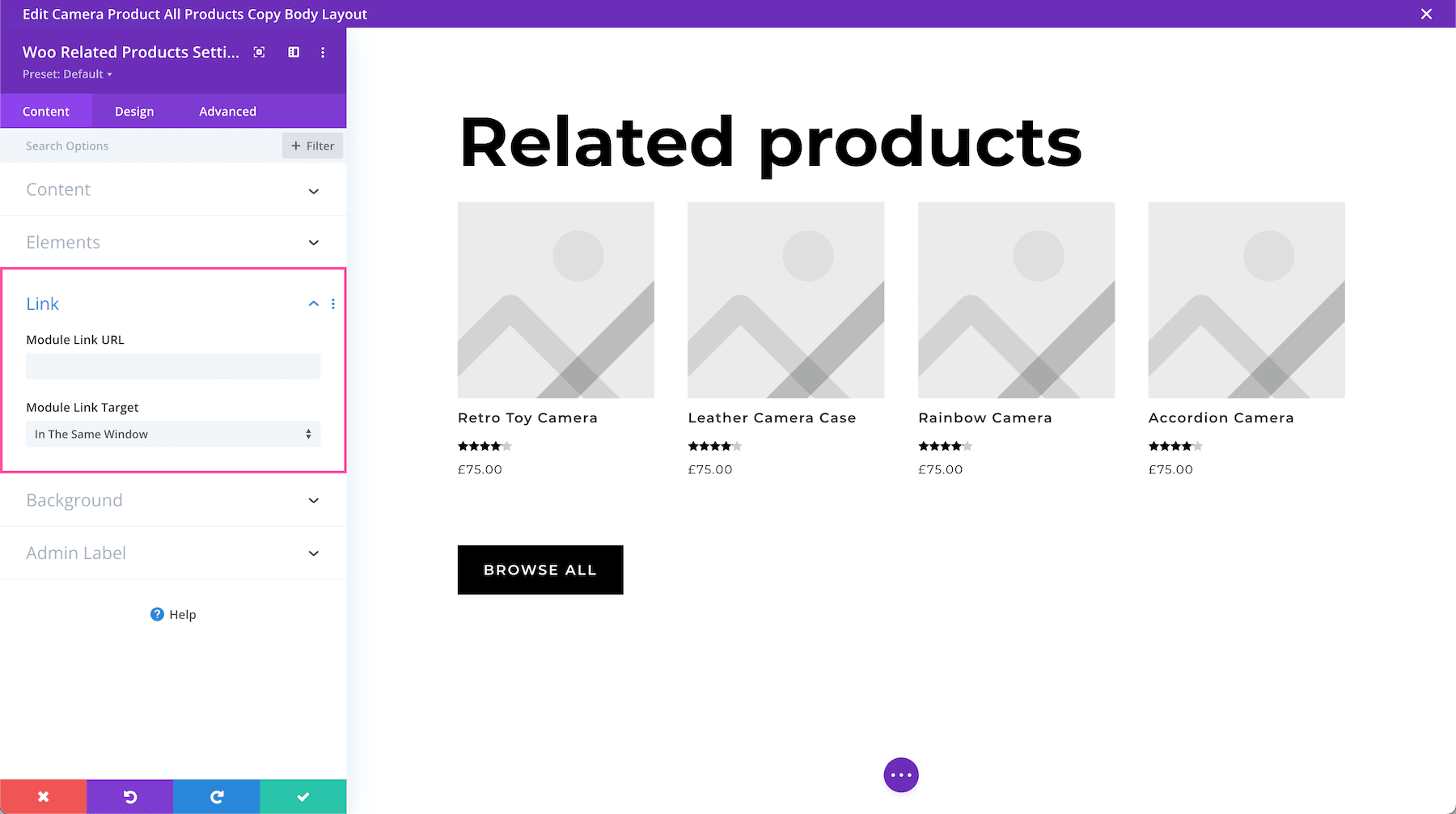 Divi Woo Related Products link settings