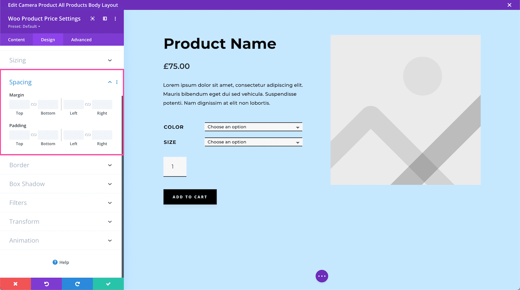 Spacing options for the Divi Woo Product Price Module