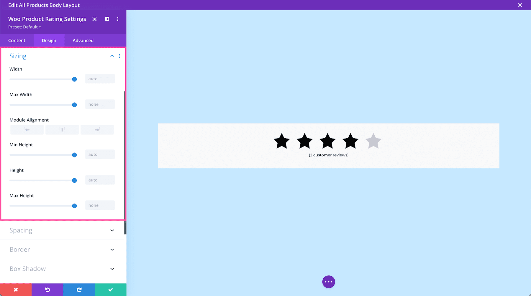 Divi Woo Product Product Rating Module Sizing options