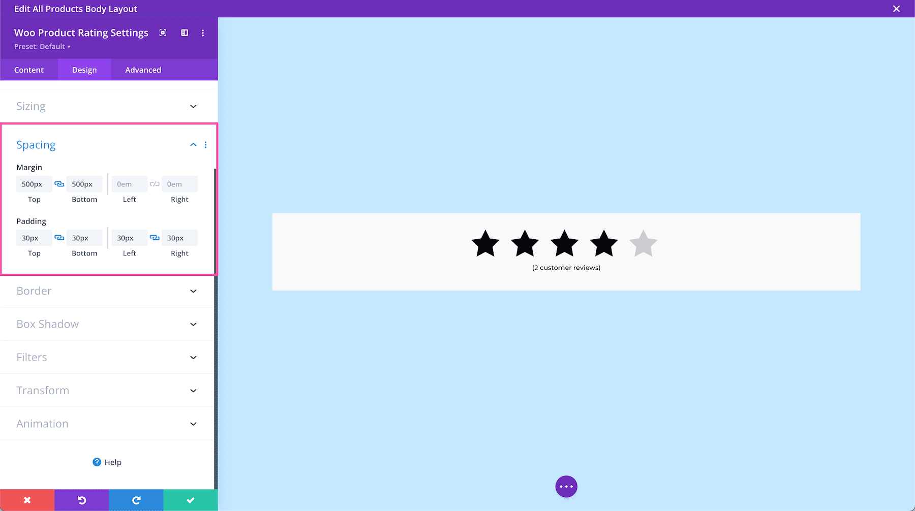 Divi Woo Product Product Rating Module Spacing options