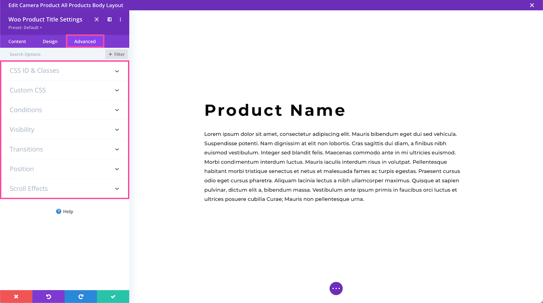 Divi Woo Product Title Module Advanced Settings