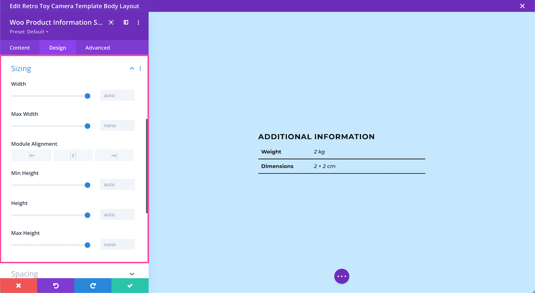 Divi Woo Product Information Module sizing options