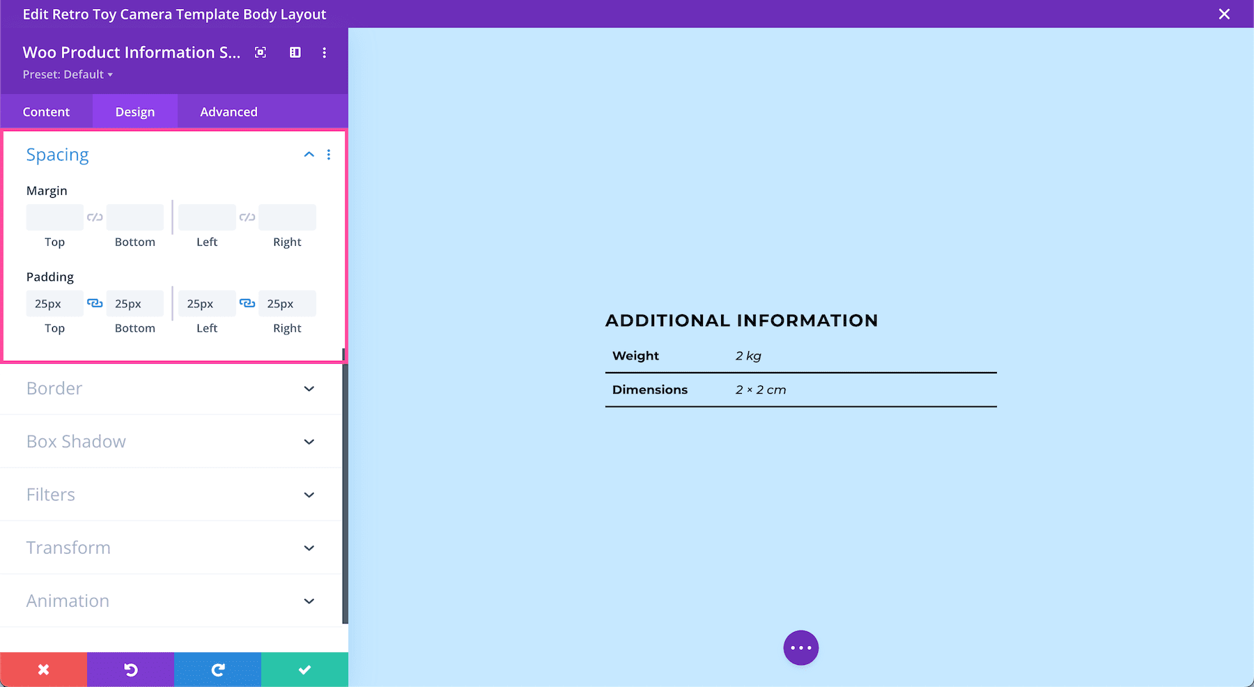 Divi Woo Product Information Module spacing options