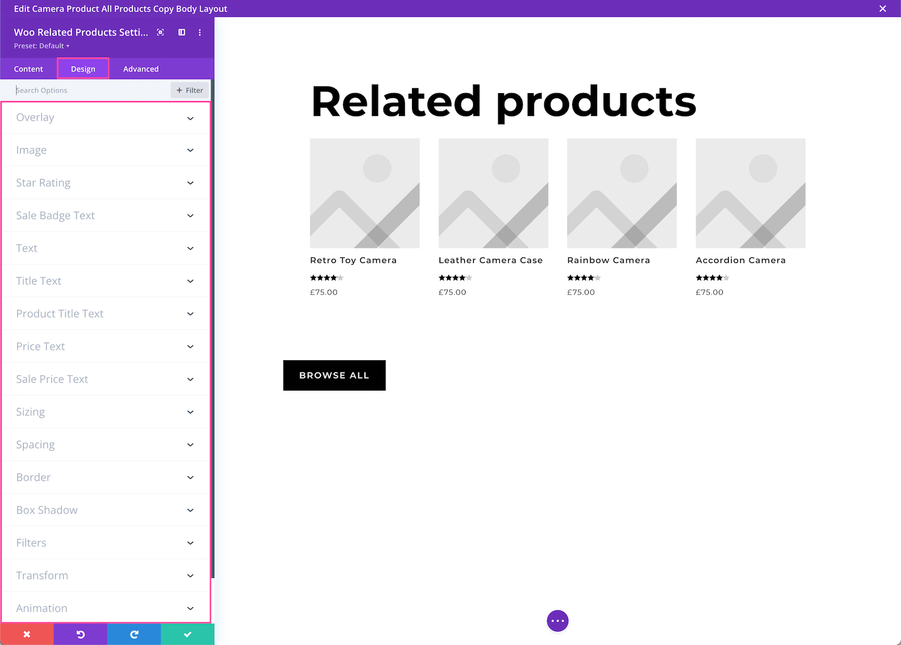 Divi Woo Related Products Design Settings
