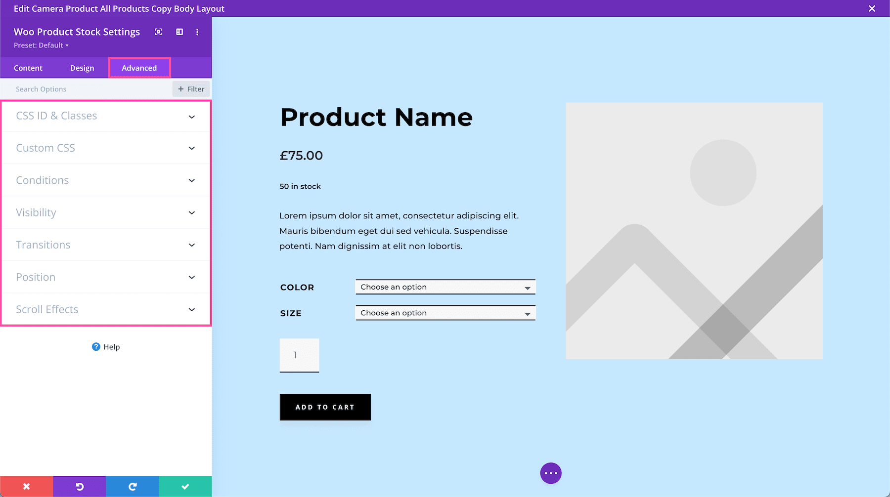 Divi Woo Product Stock Module Advanced Settings