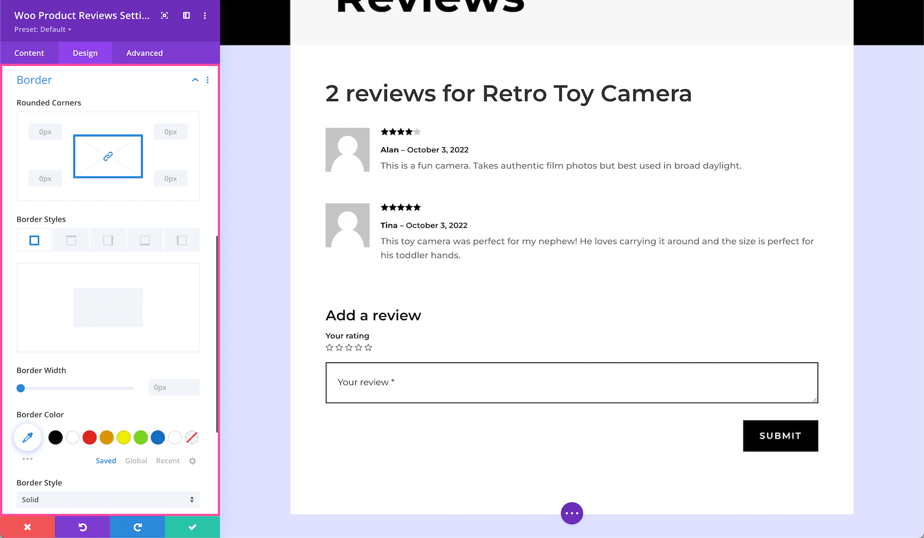 How to add a border to the Divi Woo Product Reviews Module