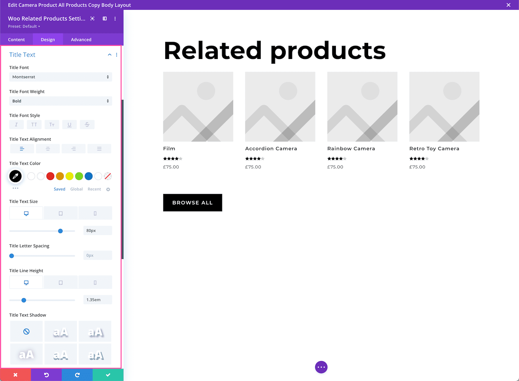 Divi Woo Related Products title font settings