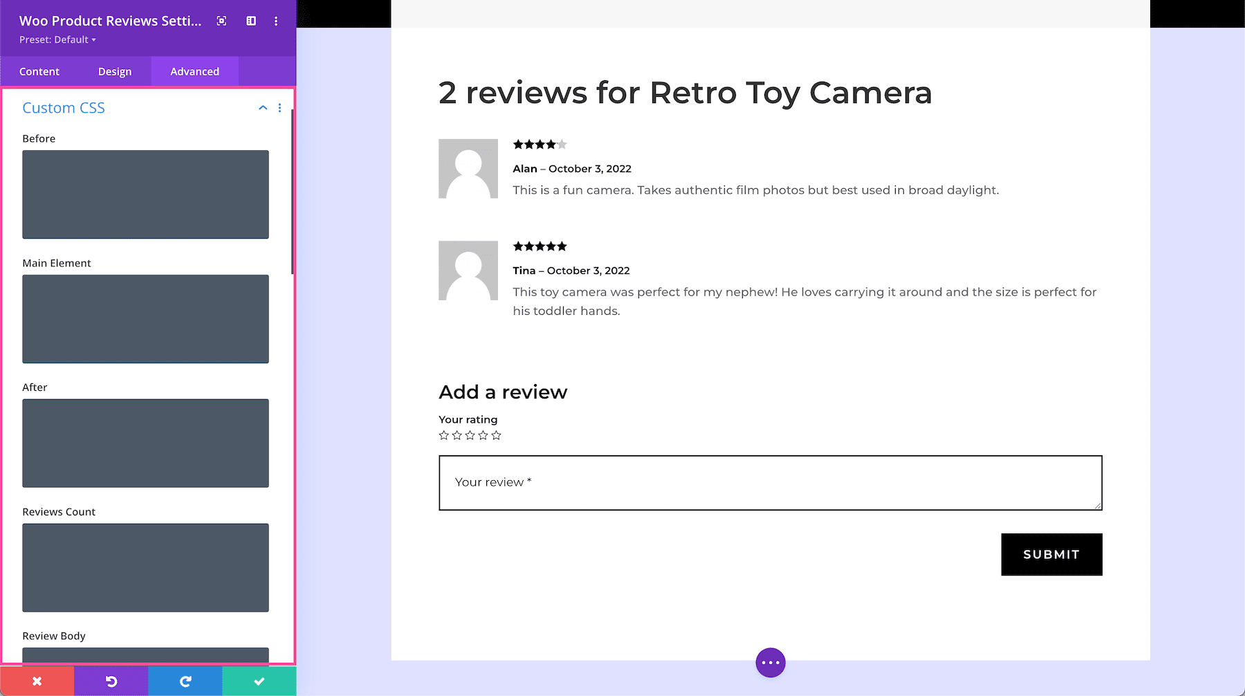 Add Custom CSS to the Divi Woo Product Reviews Module