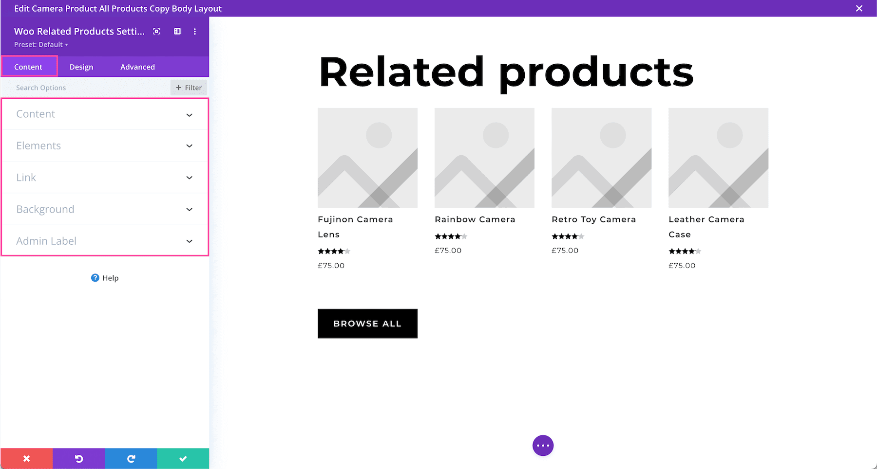 Divi Woo Related Products Content settings