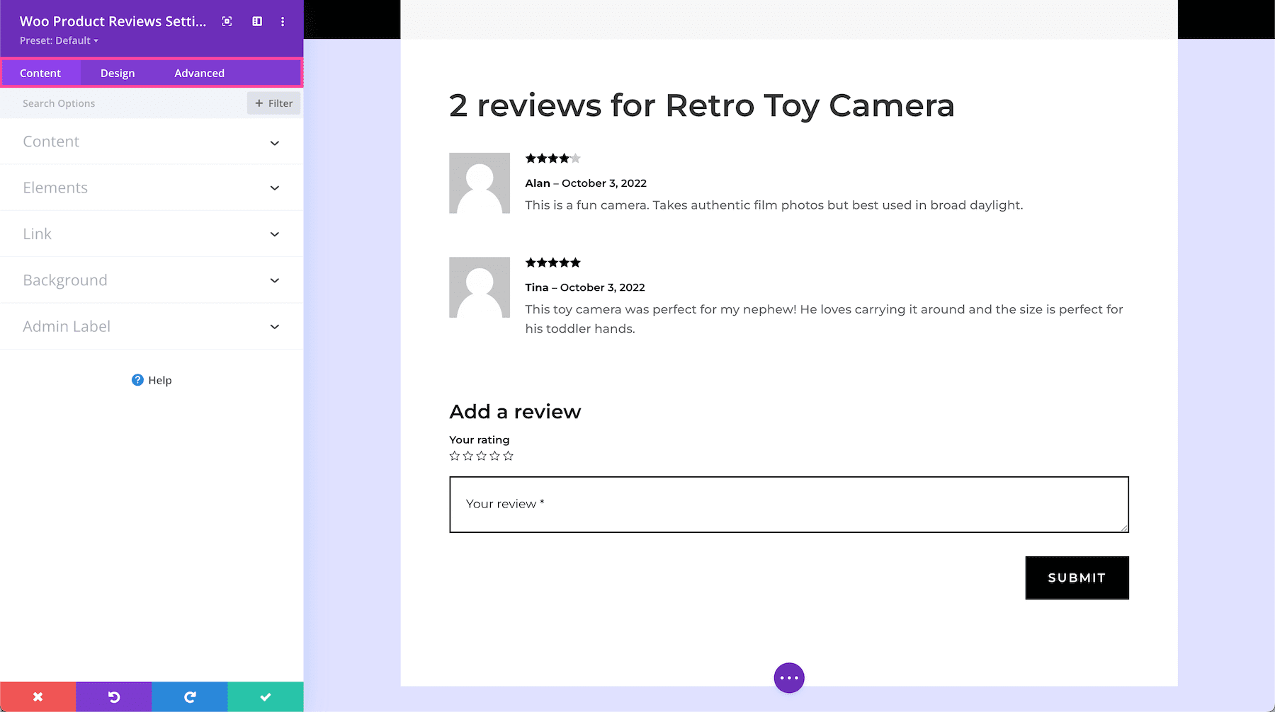 Divi Woo Product Reviews Module settings explained