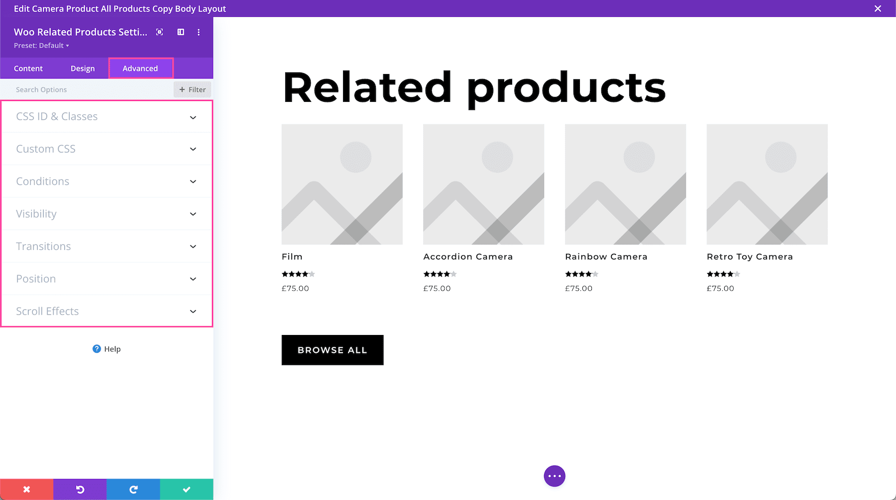 Divi Woo Related Products Advanced Settings