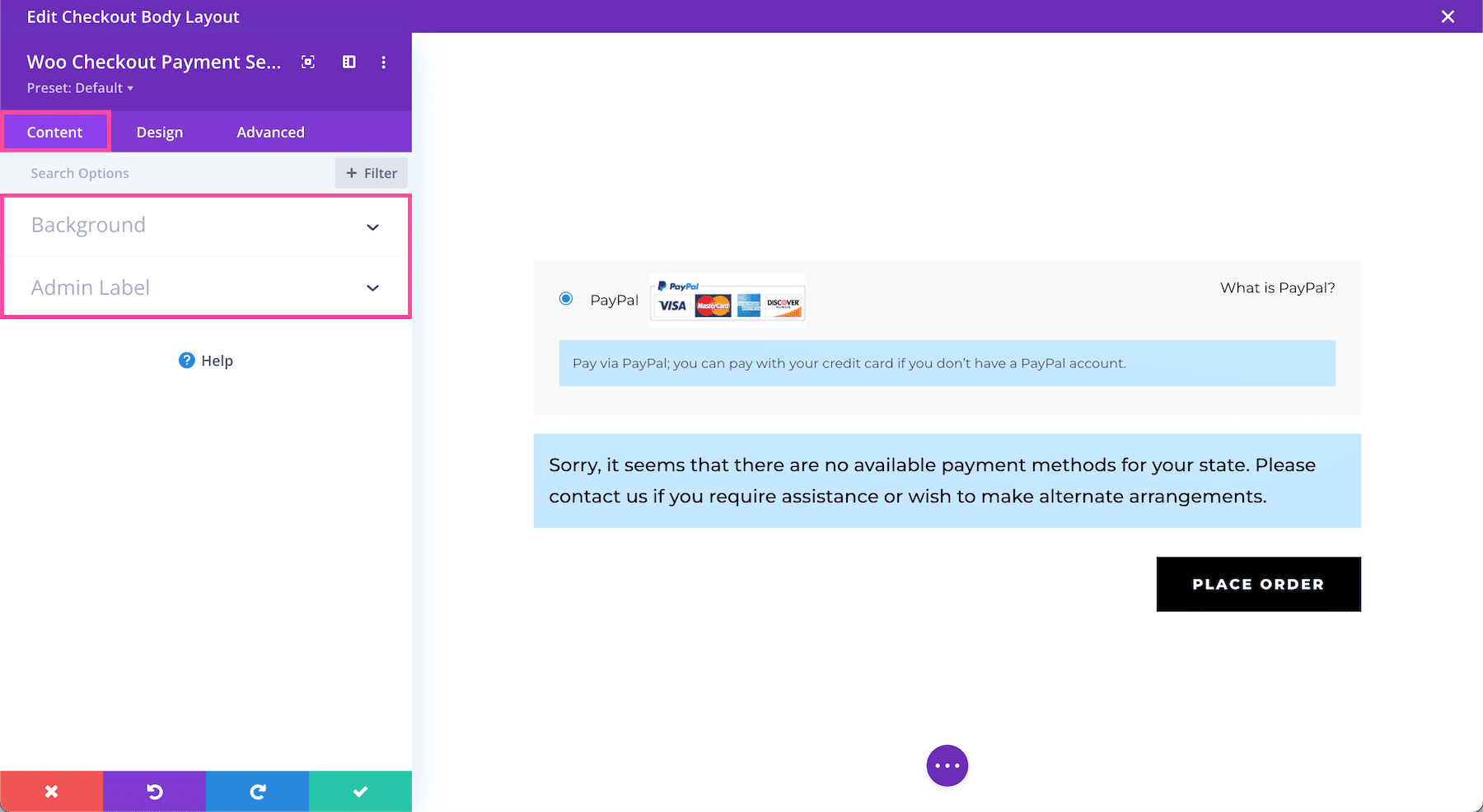 Divi Woo Checkout Payment Module Content Settings