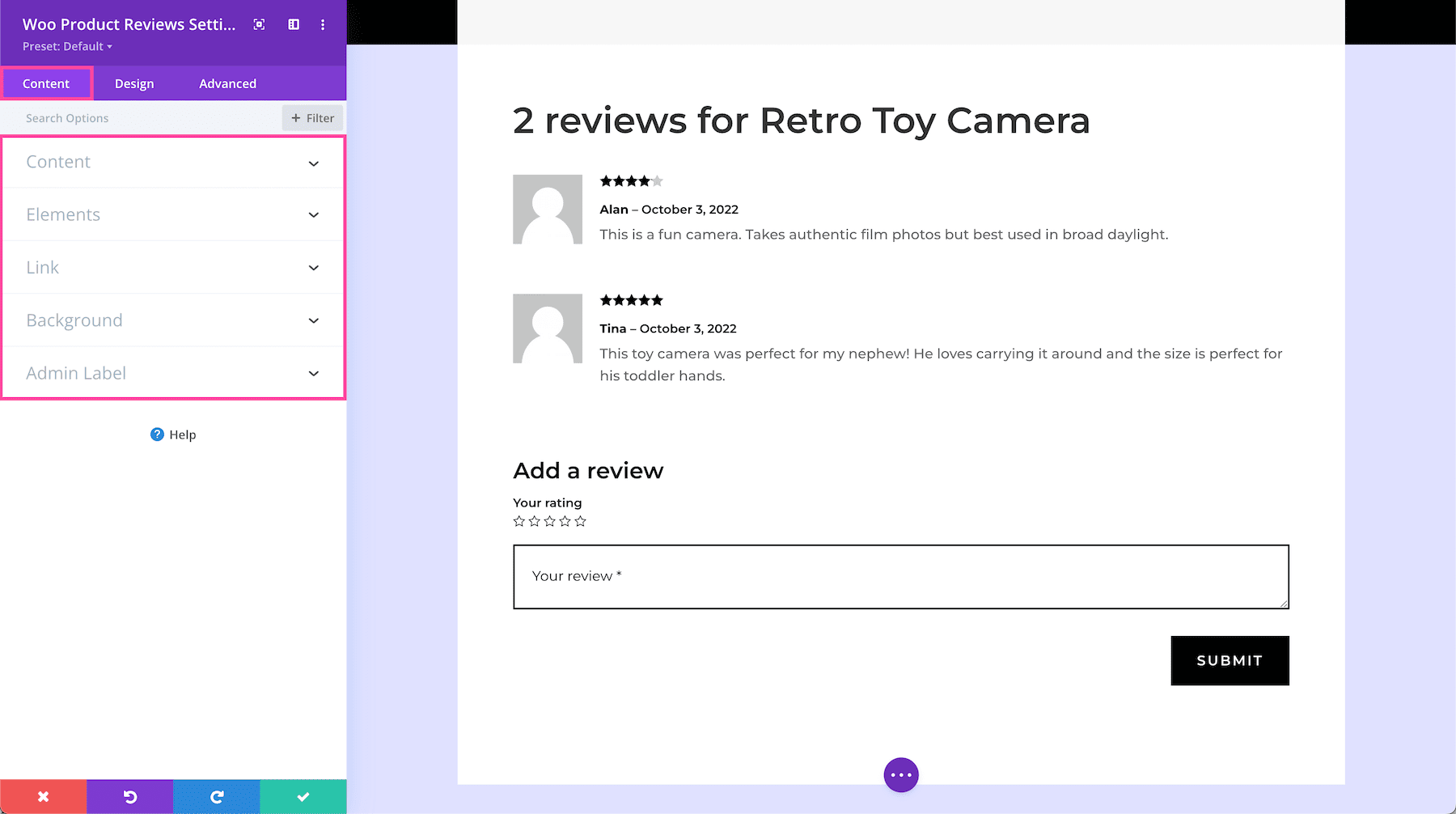 Divi Woo Product Reviews Module Content Settings