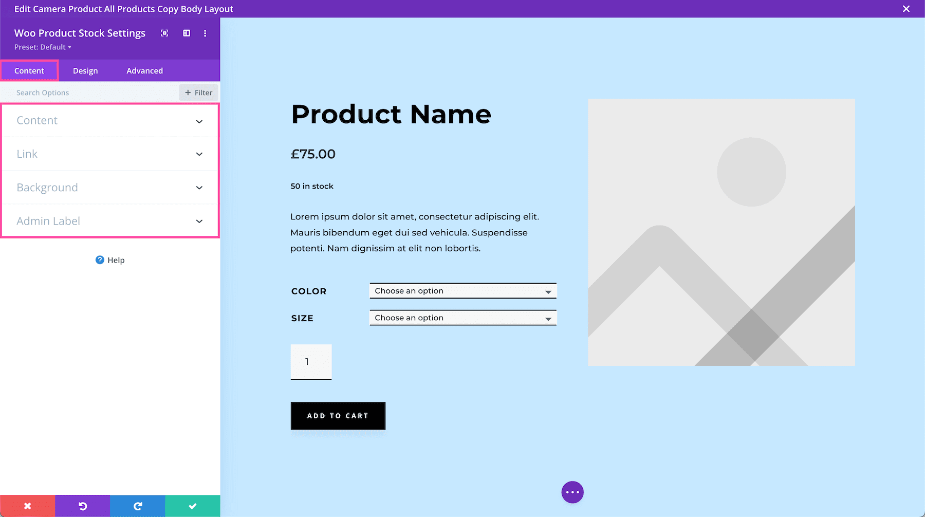 Divi Woo Product Stock Module Content Settings