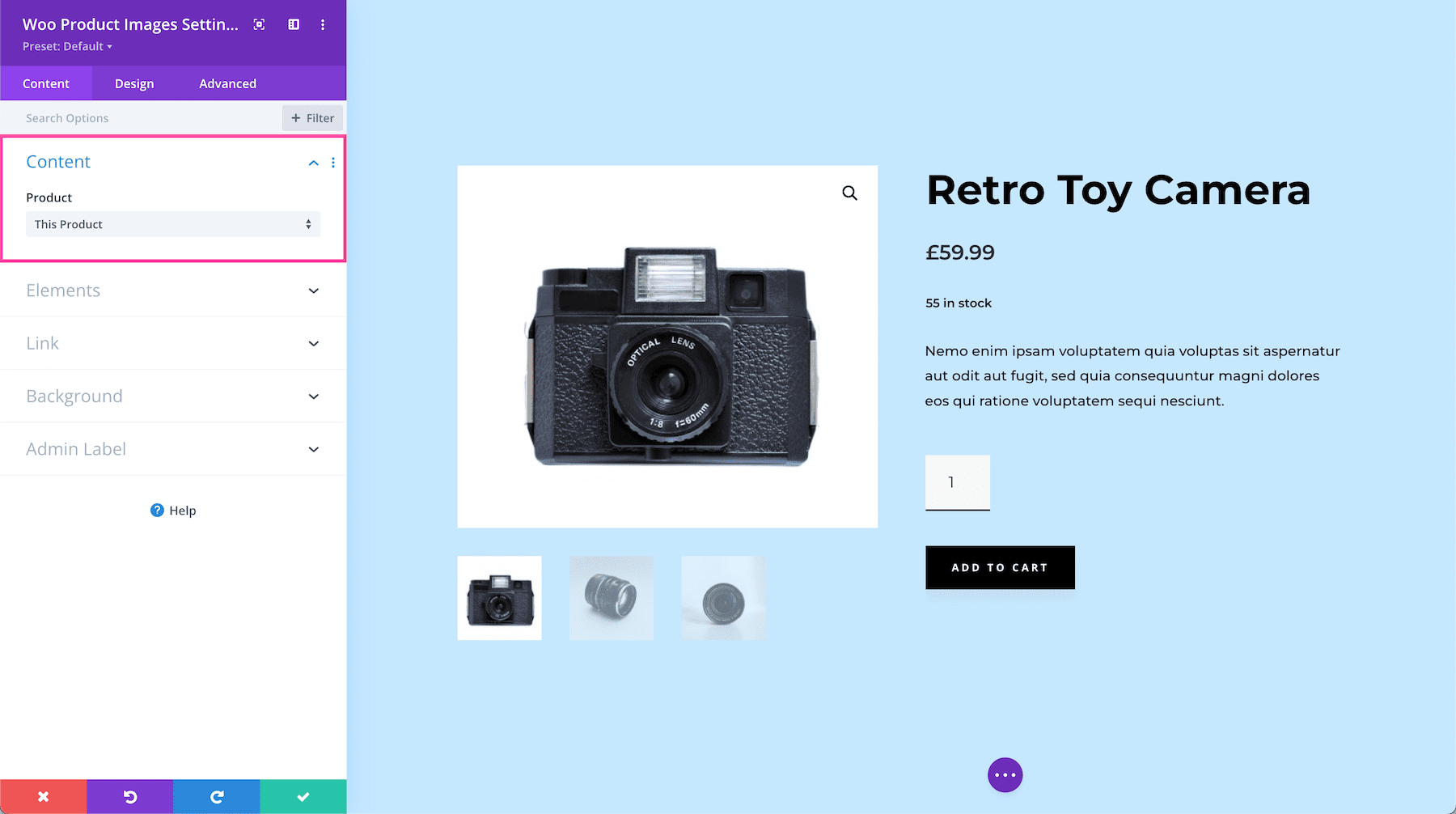 Divi Woo Product Images Module content options