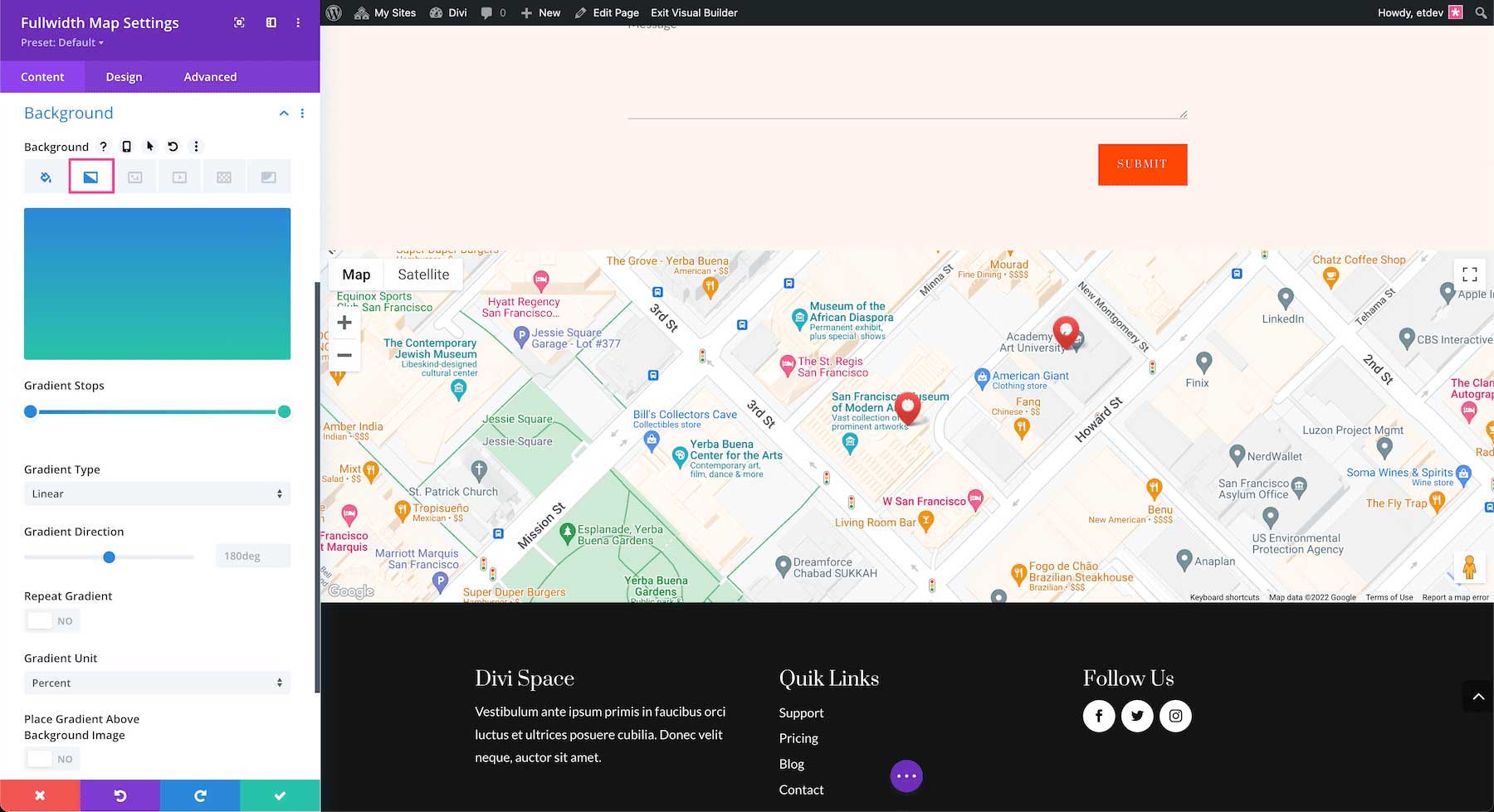 How to add a background gradient to the Divi Fullwidth Map Module