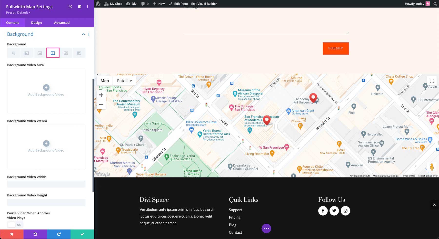 How to add a background video to the Divi Fullwidth Map Module