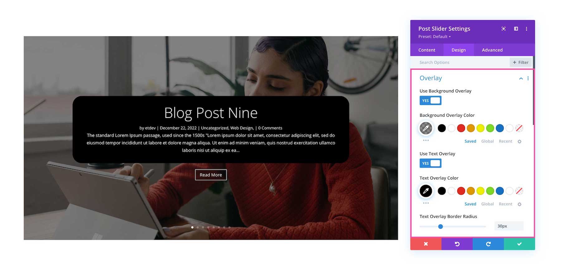 Divi Post Slider Module overlay options