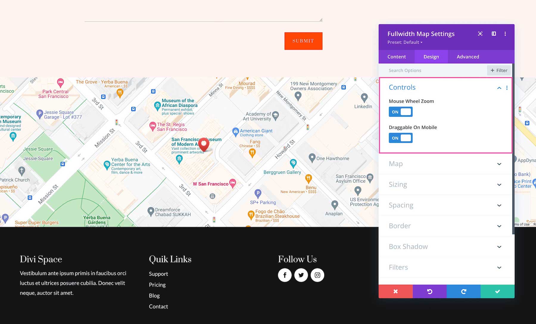 Divi Fullwidth Map Module Controls