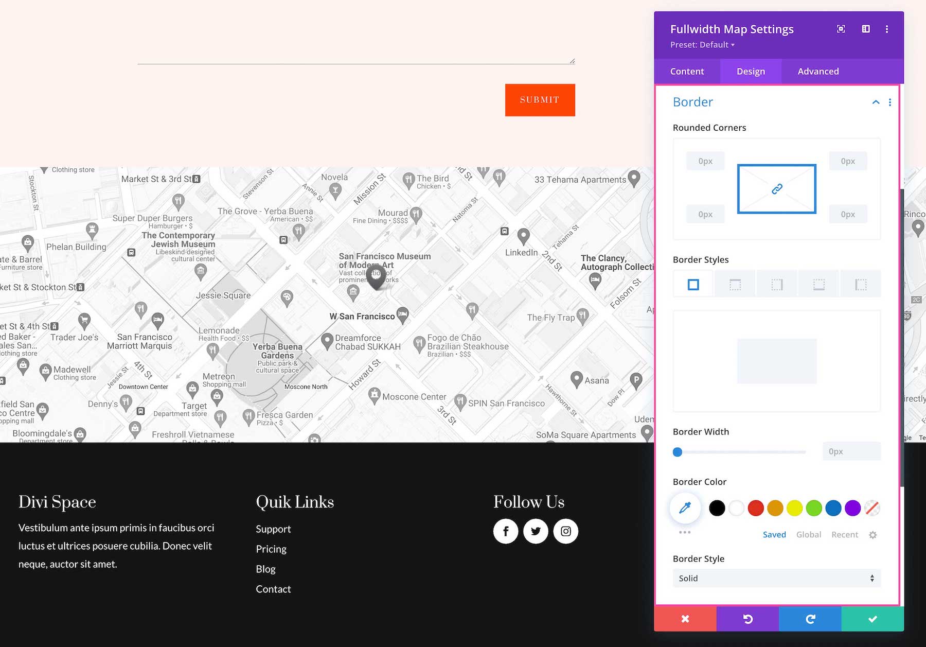 Divi Fullwidth Map Module border options