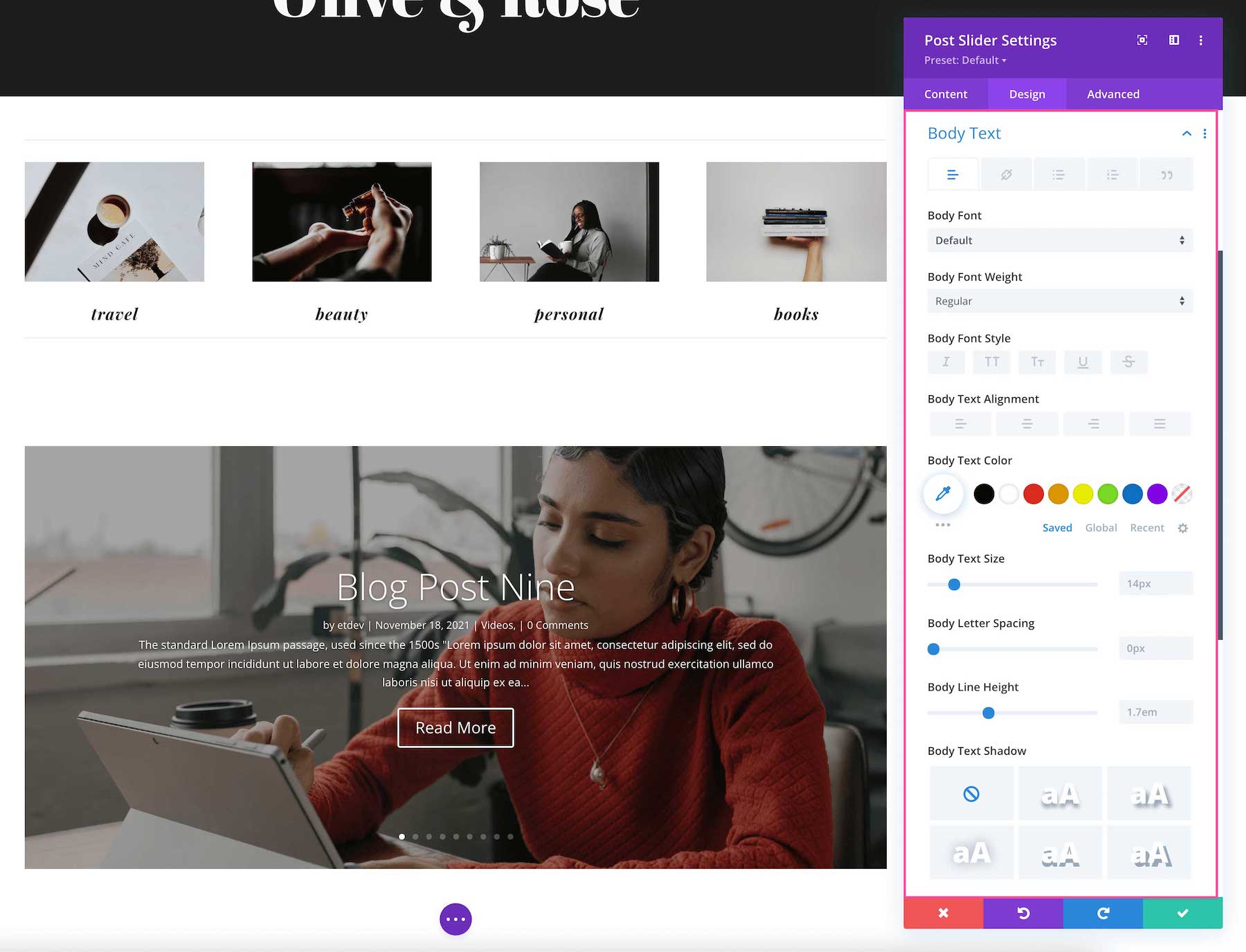 Divi Post Slider module Body Text
