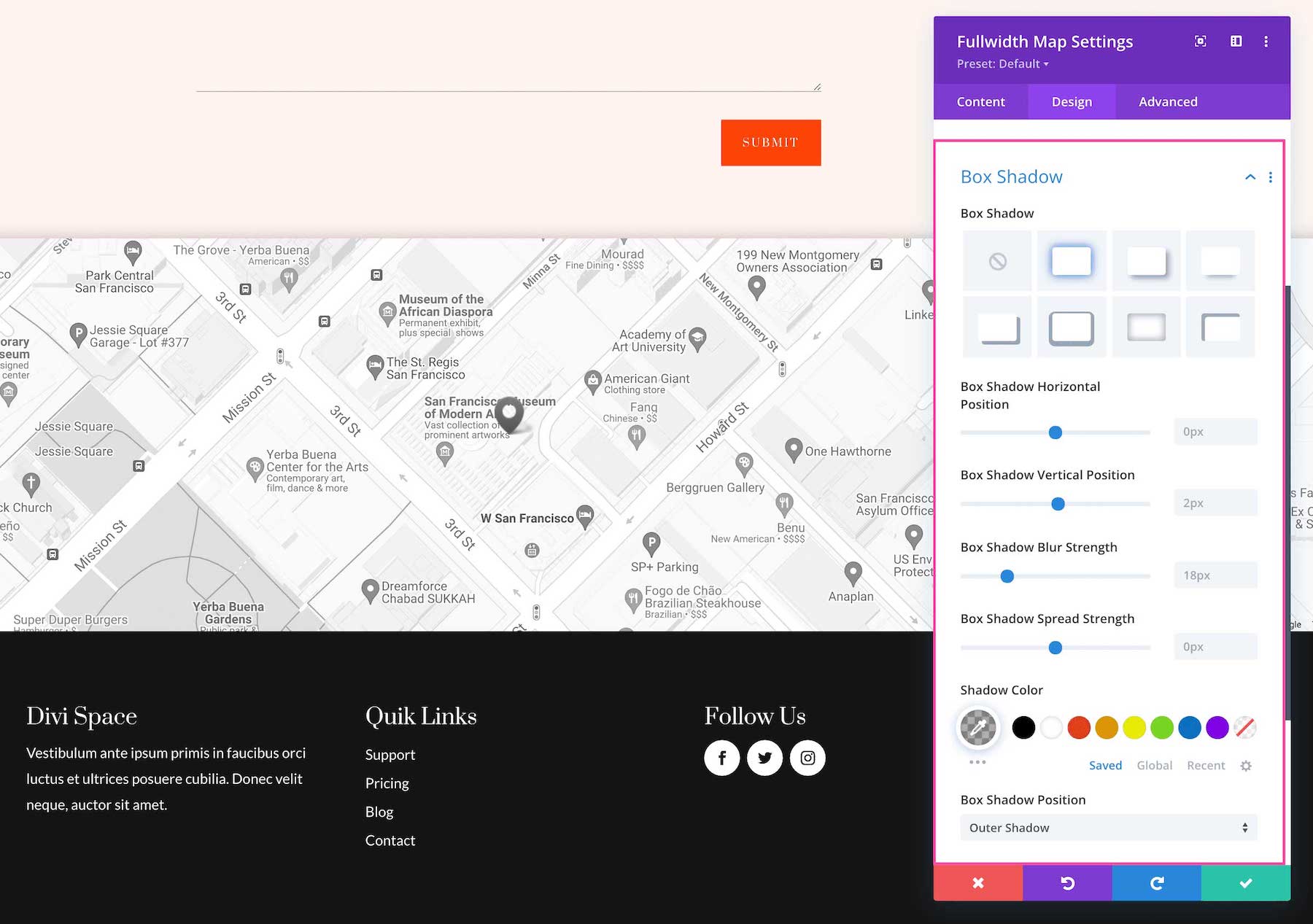 Divi Fullwidth Map Module box shadow options