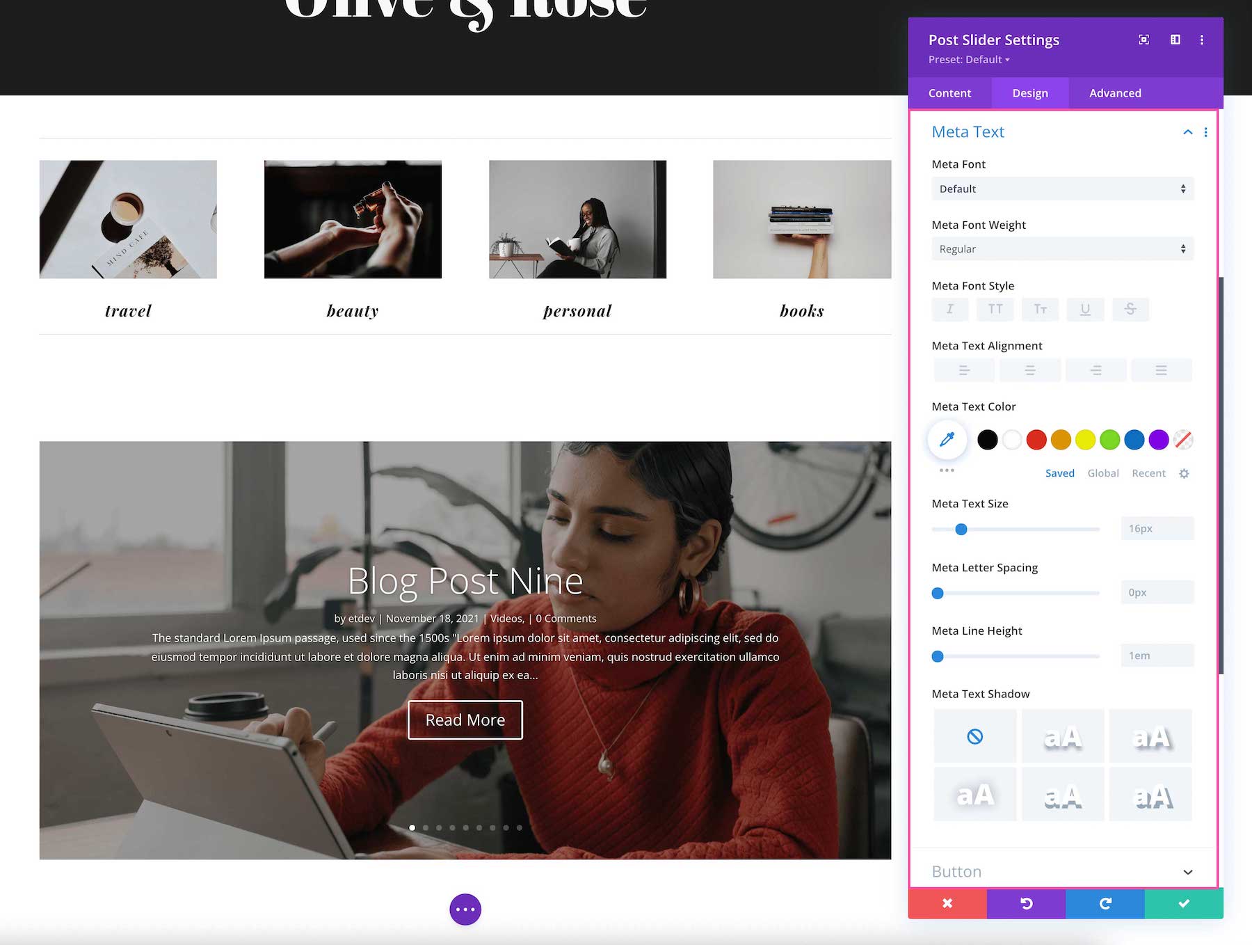 Divi Post Slider module Meta Text