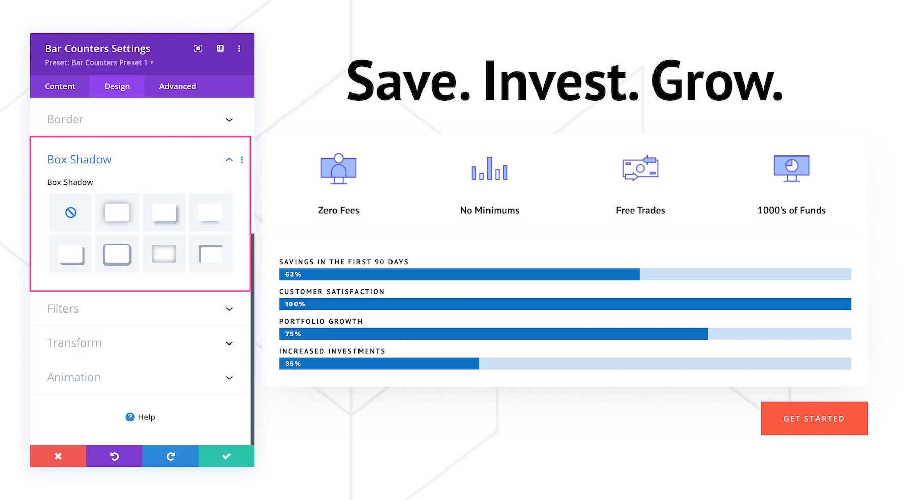 Divi Bar Counters Module box shadow settings