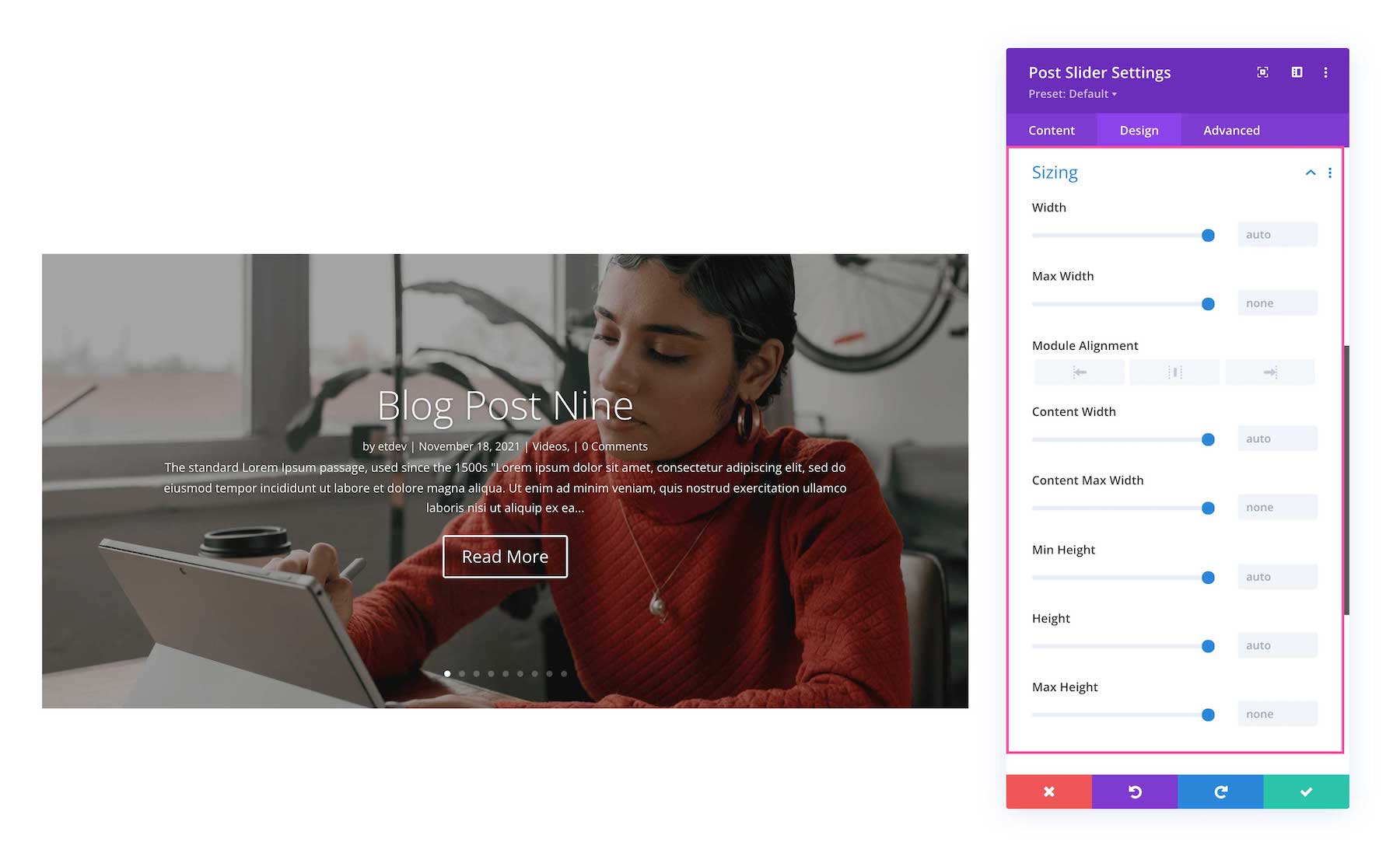 Divi Post Slider module sizing options