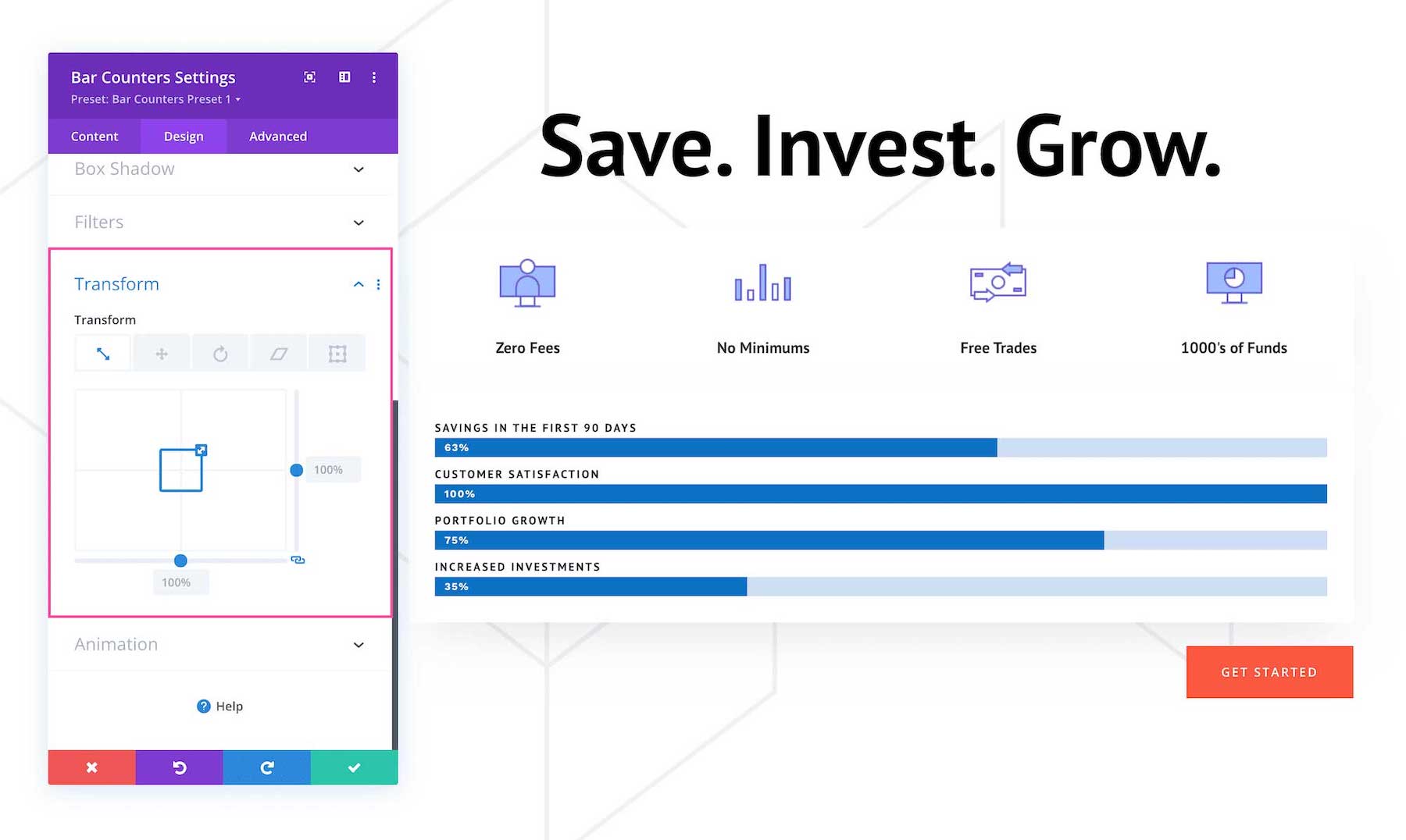 Divi Bar Counters Module transform settings