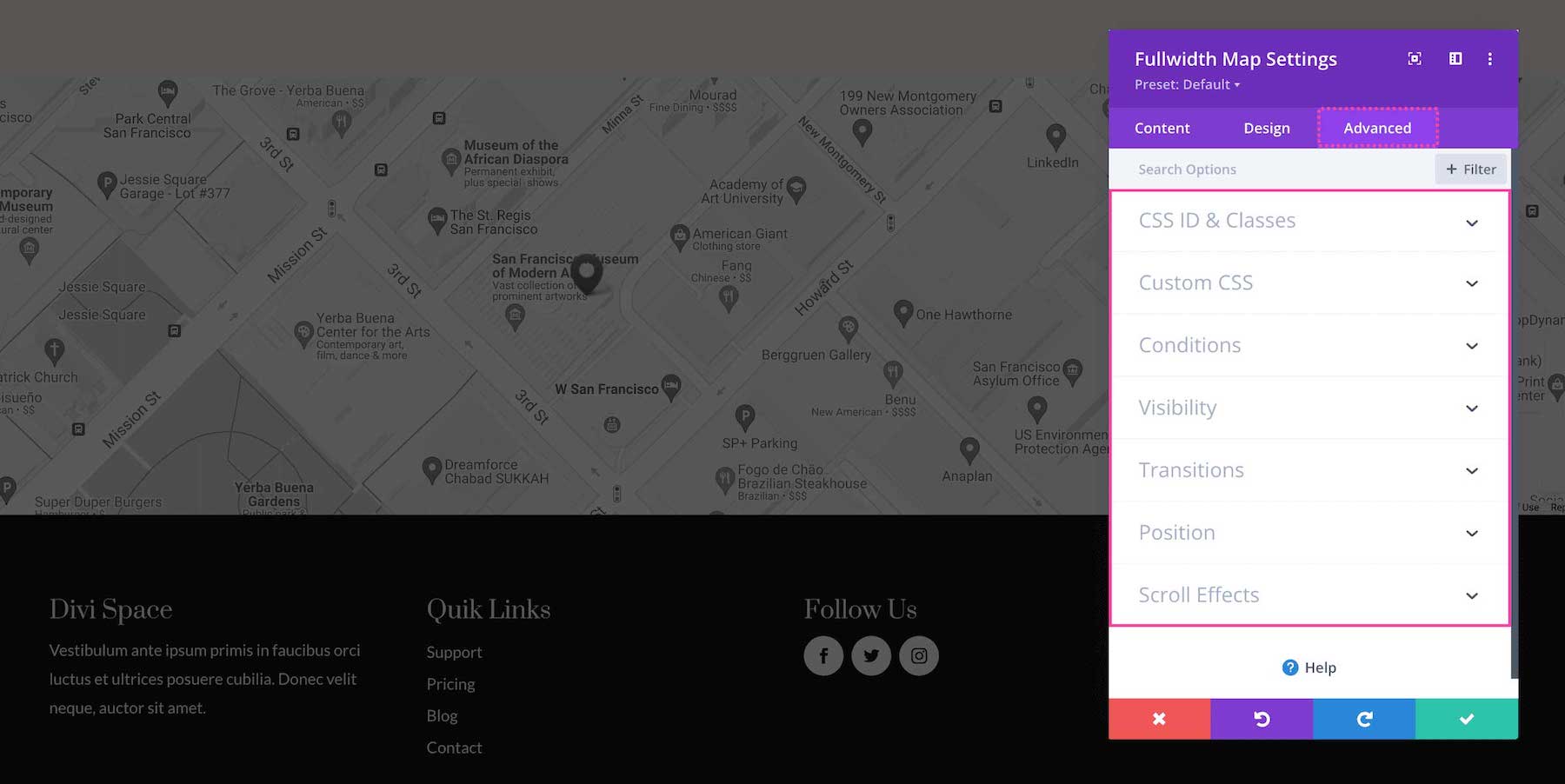 Divi Fullwidth Map Module advanced settings