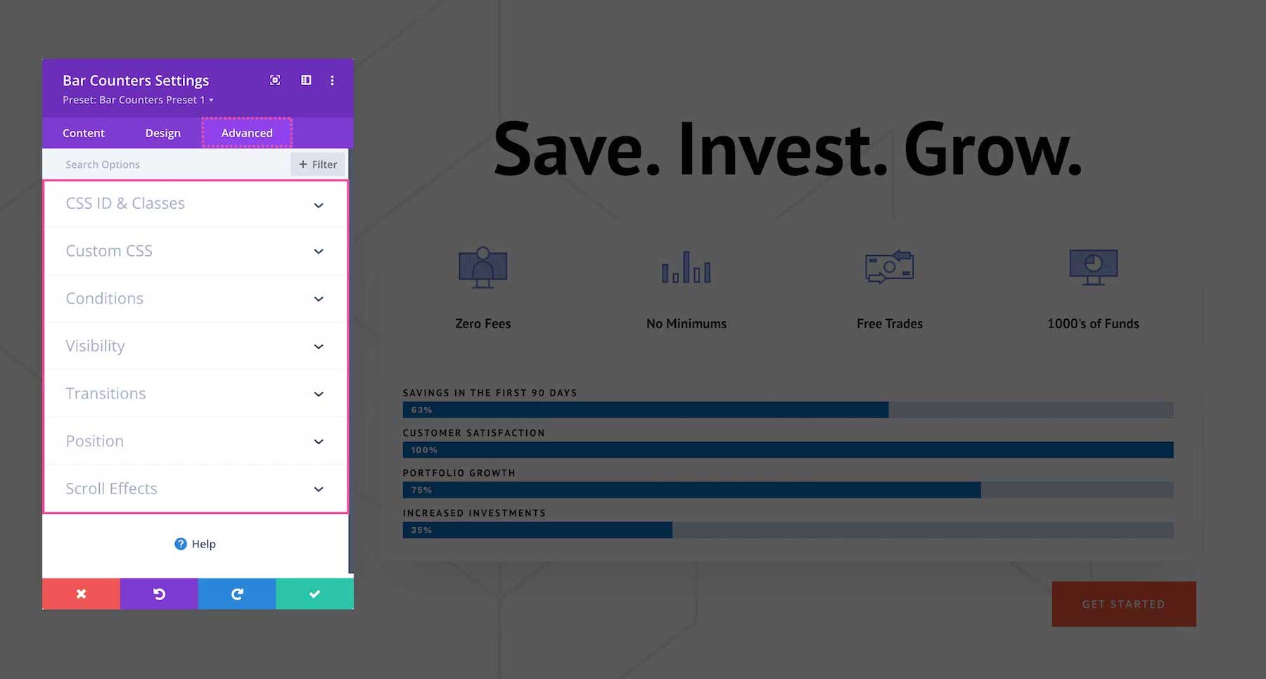 Divi Bar Counters Module advanced settings