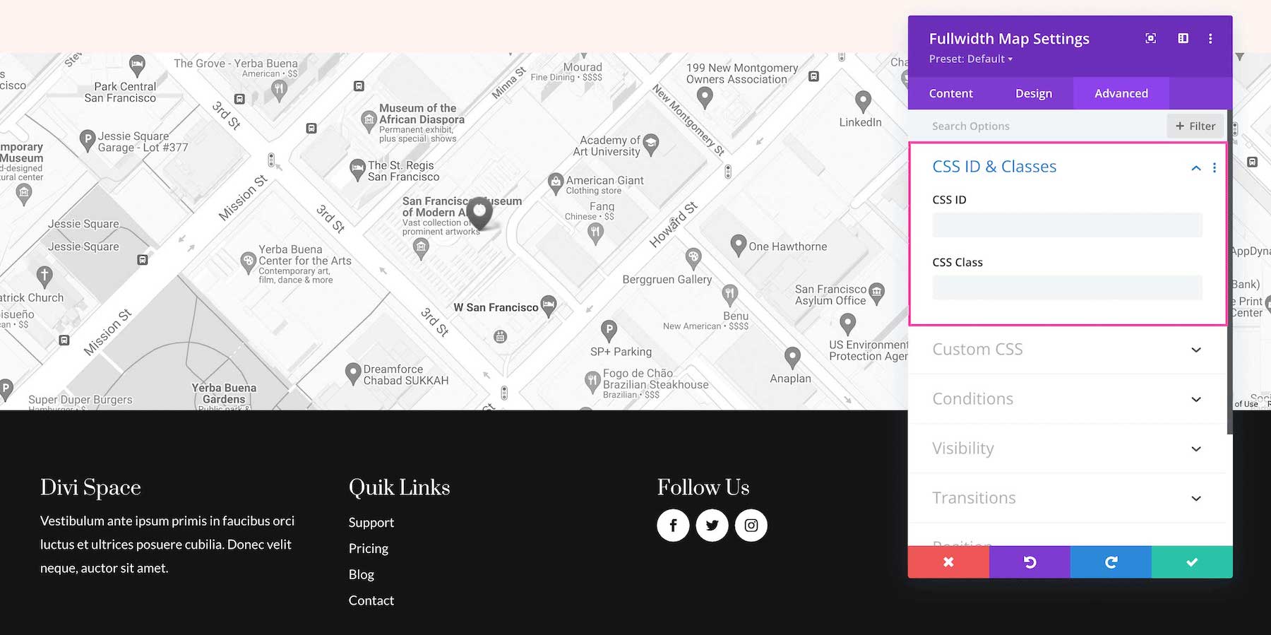 Divi Fullwidth Map Module CSS options