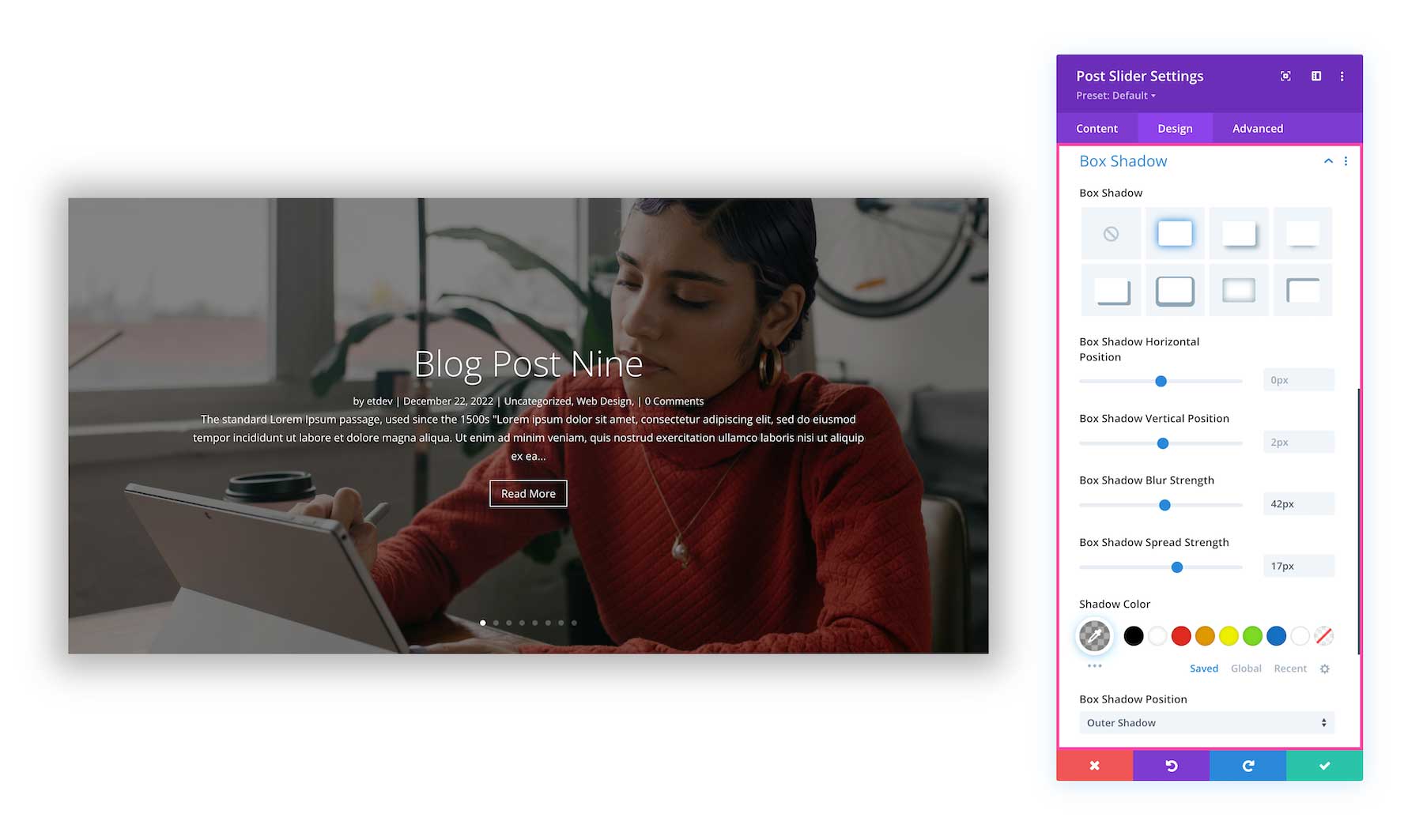 Divi Post Slider module box shadow settings