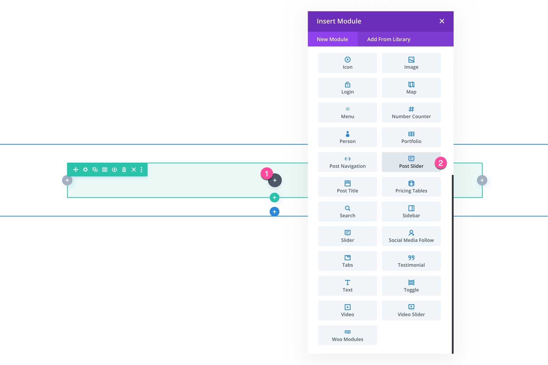 Load the Divi module library and select Post Slider