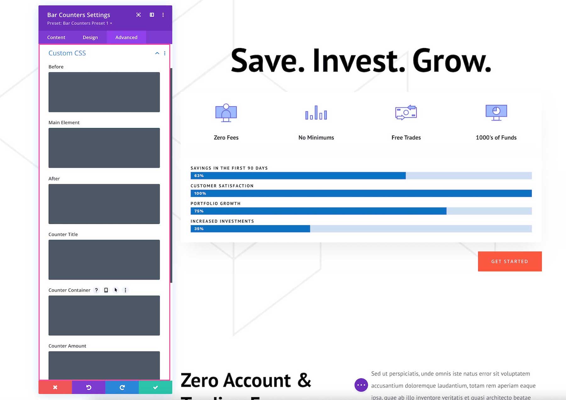 Divi Bar Counters Module Custom CSS settings