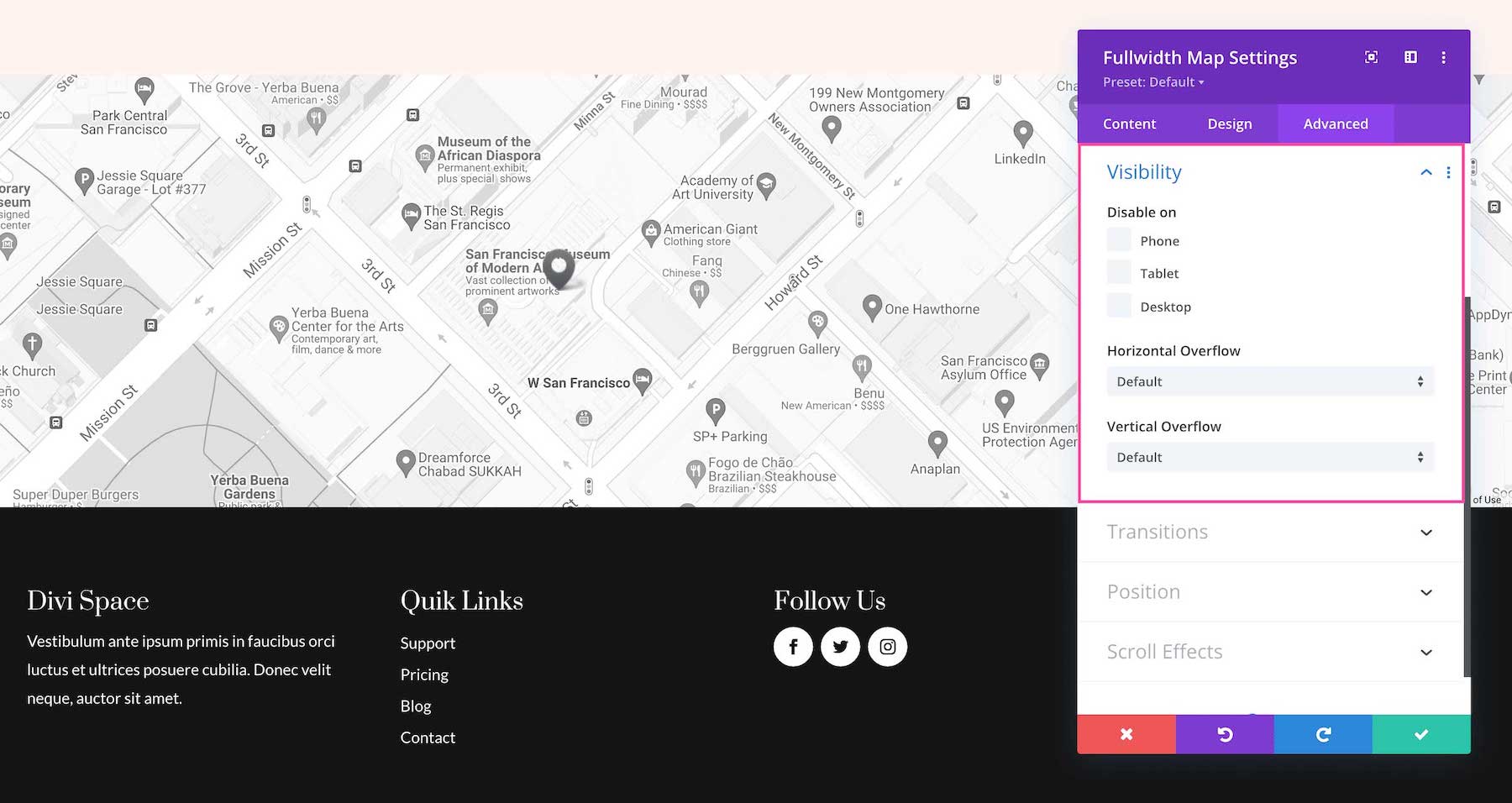 Divi Fullwidth Map Module visibility options
