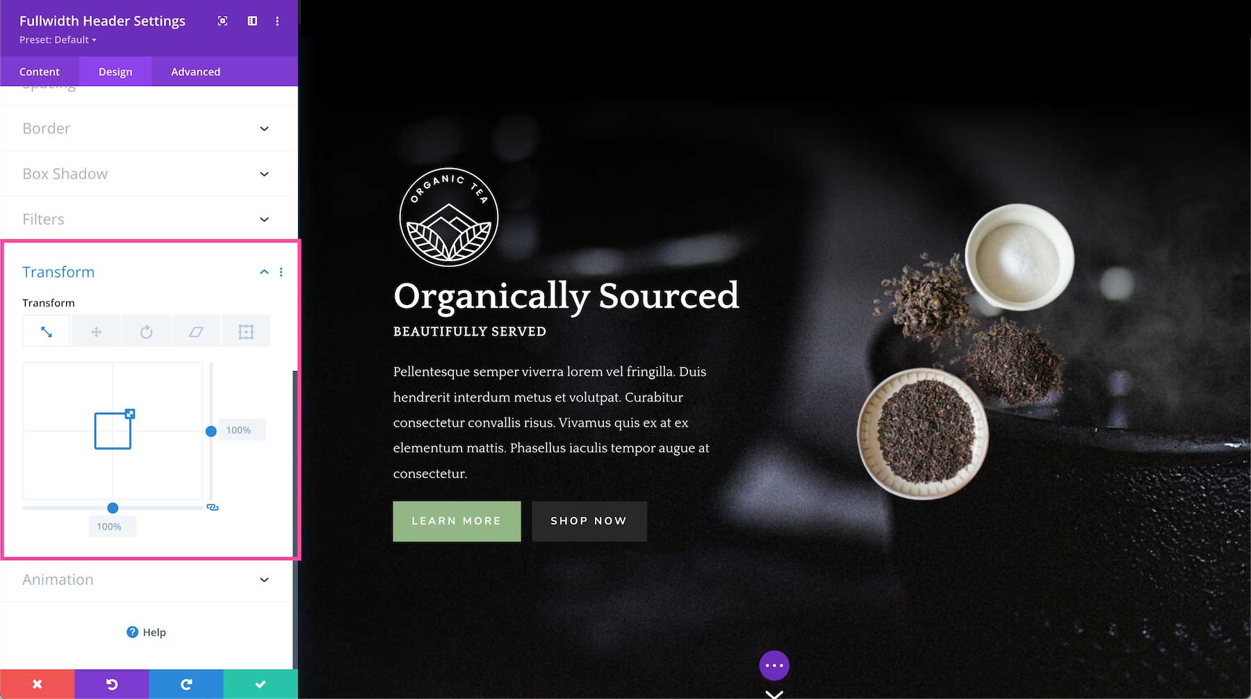 Divi Fullwidth Header Module transform