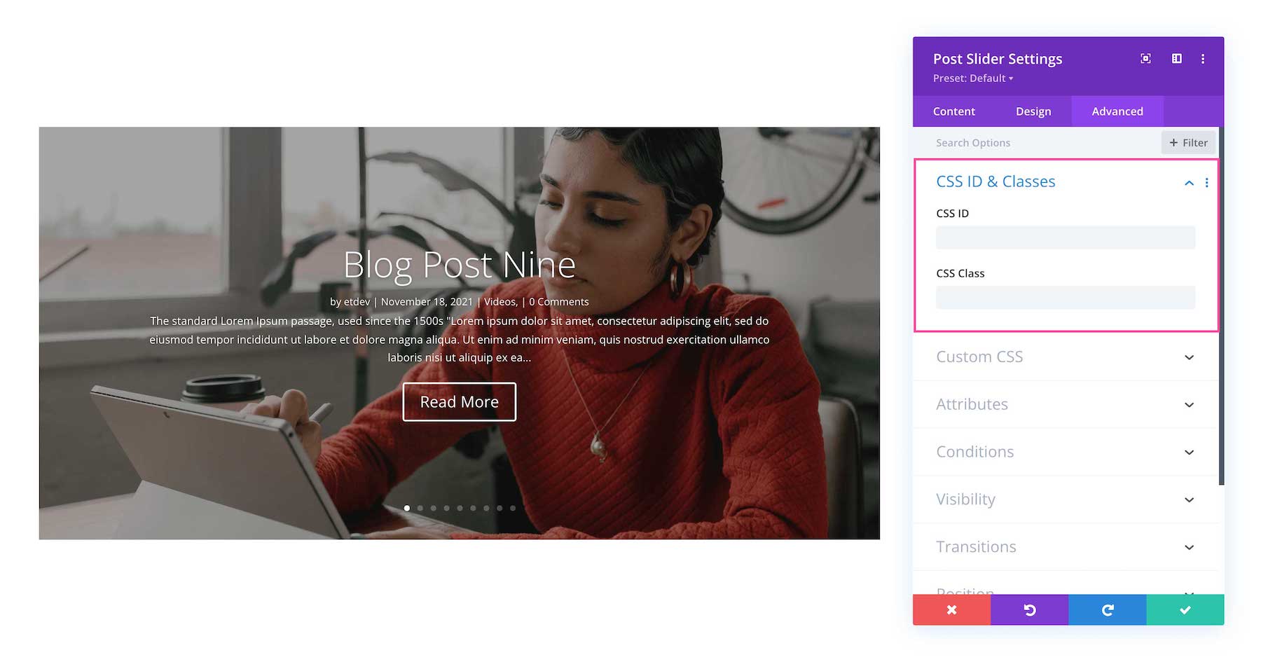 Divi Post Slider Module Advanced settings